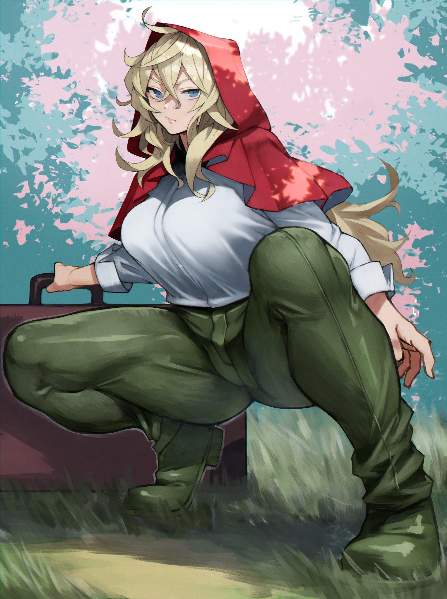 big breasts, blonde hair, blue eyes, breasts, detailed, detailed background, female, grimm (red hood), hood, long hair, squatting, the hunters guild: red hood, thick thighs, tight clothing, tight pants, yoshi55level