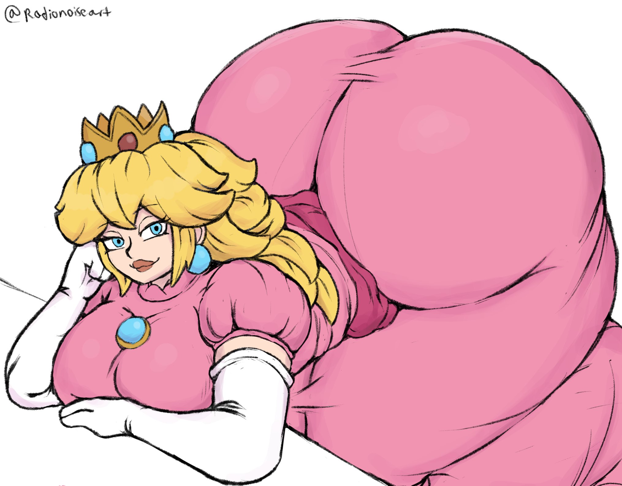 1girls, 2026, armwear, artist name, ass, ass focus, ass in dress, ass up, big ass, big breasts, big butt, blonde female, blonde hair, blue earrings, blue eyes, bottom heavy, bubble ass, bubble butt, butt, butt focus, butt in dress, crown, delicious ass, dress, fat ass, female, female focus, female only, fully clothed, huge ass, huge butt, human, human only, large ass, large butt, light skin, light-skinned female, looking at viewer, mario (series), massive ass, mature, mature female, nintendo, panties, pantylines, pawg, pillow shading, pink dress, princess peach, radionoiseart, seductive eyes, seductive smile, sexy female, sexy pose, simple background, thick ass, thick thighs, underwear outline, white gloves, wide ass, wide hips, wide thighs
