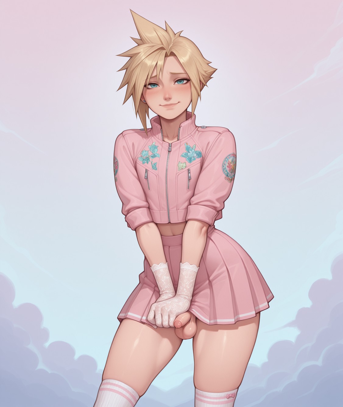 1boy, ai generated, balls, blonde hair, blue eyes, blushing, cloud strife, cropped jacket, femboy, final fantasy, girly boy, gloves, jacket, kanxthro, lace gloves, looking at viewer, penis, pink clothing, pink skirt, pleated skirt, short hair, shy, skirt, slim, small penis, smile, solo, thigh socks, thighhighs