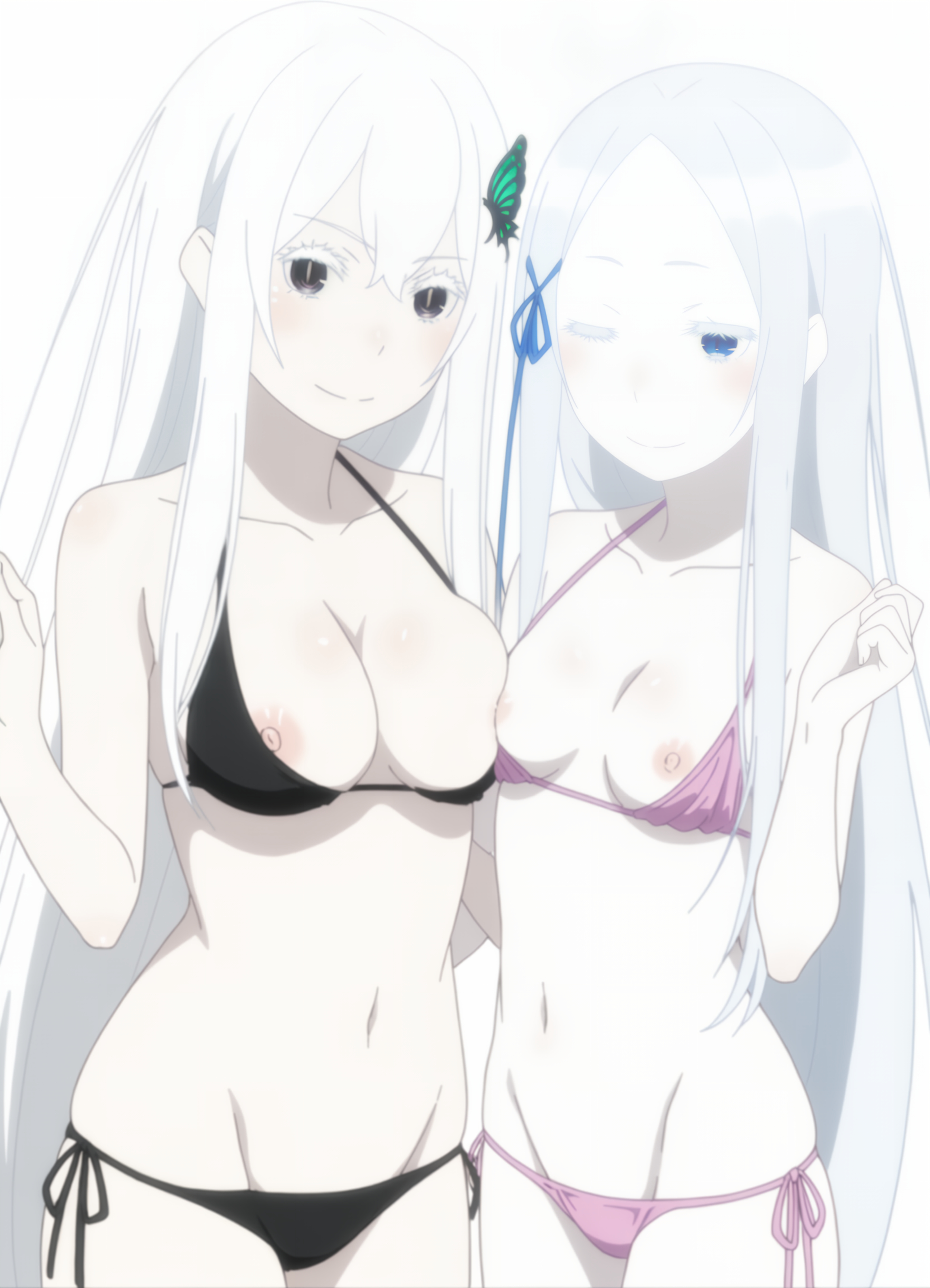 ;), 2girls, ai generated, asymmetrical docking, bare arms, bare shoulders, bikini, bikini pull, black bikini, black eyes, blue eyes, blue ribbon, blush, breast press, breasts, breasts out, butterfly hair ornament, cleavage, closed mouth, collarbone, colored eyelashes, cowboy shot, echidna (re:zero), groin, hair between eyes, hair ornament, hair ribbon, halterneck, hand up, large breasts, long hair, looking at viewer, lowleg, lowleg bikini, medium breasts, micro bikini, multiple girls, navel, nipple slip, nipples, one eye closed, pale skin, pandora (re:zero), parted bangs, pink bikini, purple bikini, re:zero kara hajimeru isekai seikatsu, ribbon, side-tie bikini bottom, sidelocks, simple background, small breasts, smile, spasibo15, standing, stomach, string bikini, swimsuit, very long hair, white background, white hair, white skin