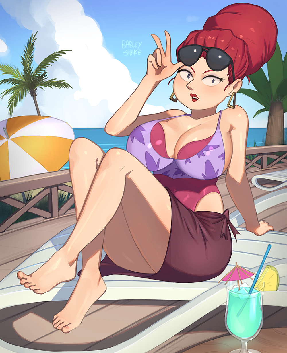 1girls, barefoot, barleyshake, beach, beverage, blue eyes, cleavage, comedy central, day, earrings, eyelashes, feet, female, hair bun, lips, lipstick, looking at viewer, milf, mother, red hair, red lipstick, sheila broflovski, south park, summer, sunglasses, sunglasses on head, watermark