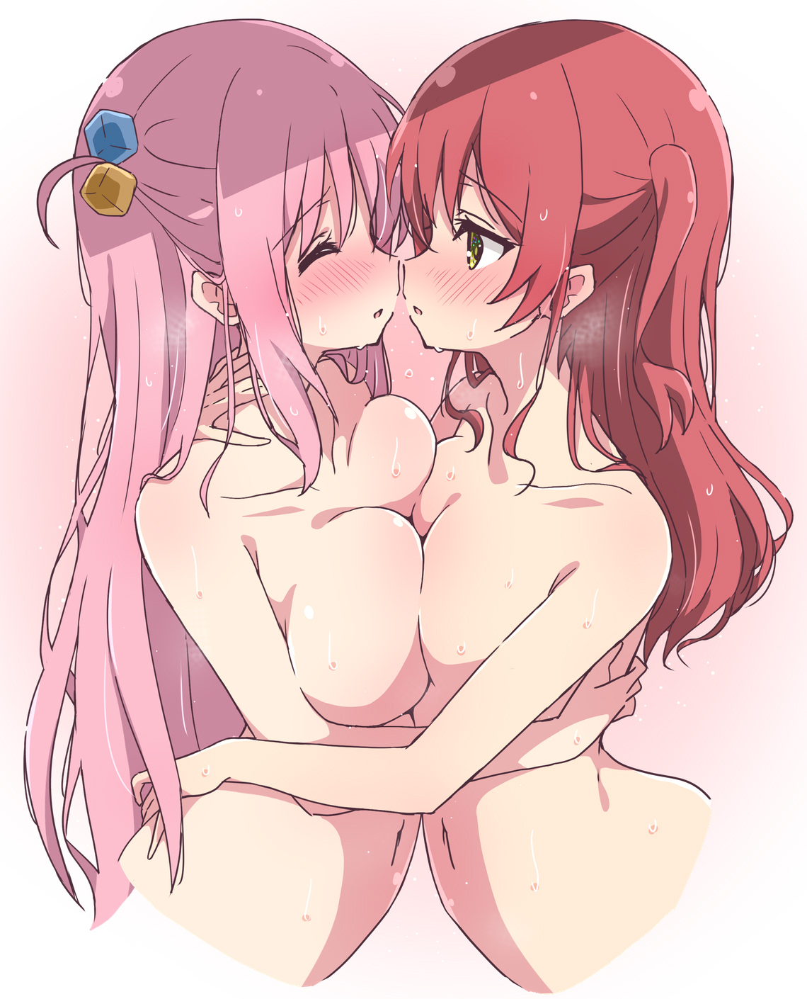 big breasts, blush, blushing, bocchi the rock!, breast press, breasts, closed eyes, completely nude, completely nude female, gotou hitori, imminent kiss, kita ikuyo, melty pot, nude, nude female, pink hair, red hair, sweat, yuri