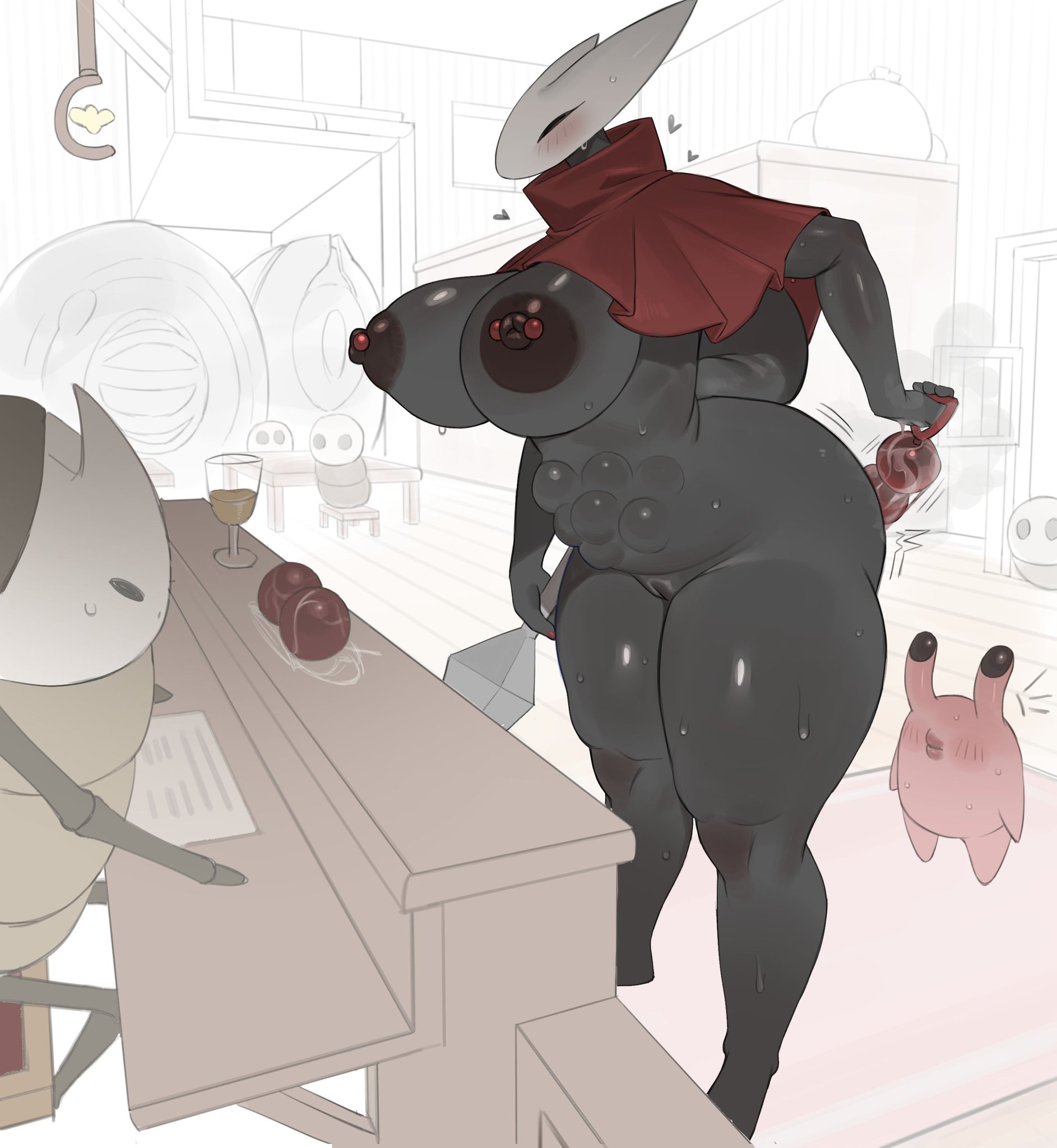 2d, anal, anal beads, anal insertion, areolae, cavity storage, dark-skinned female, hollow knight: silksong, hornet (hollow knight), huge areolae, huge breasts, jingzhou14848, nipples, pierced nipples, stomach bulge, tagme, zhou135627