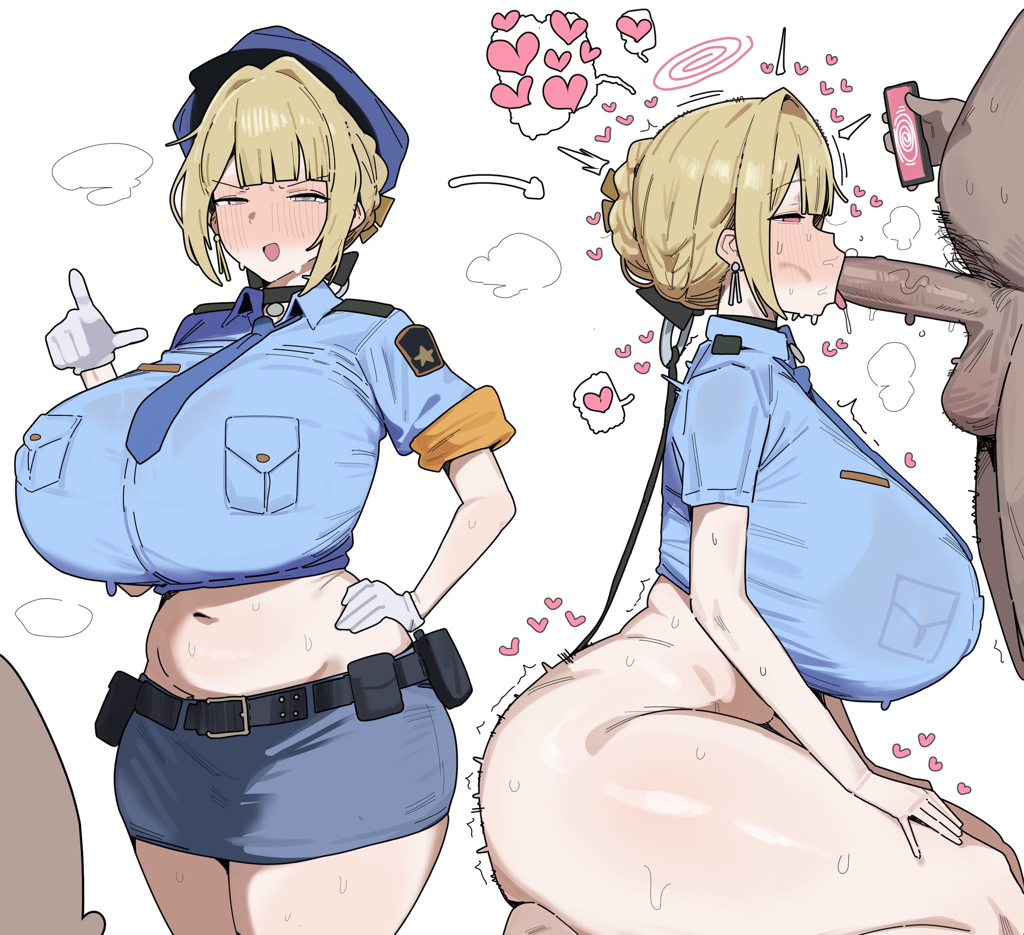 :>=, 1boy, 1girls, 2koma, alternate costume, ass, barefoot, blonde hair, blue shirt, blue skirt, blush, body hair, bottomless, bra visible through clothes, braid, breasts, cellphone, choker, chubby male, citizen k, clothed female nude male, completely nude, crop top, dark skin, dark-skinned female, earrings, erection, evelyn chevalier, fat male, fellatio, from side, heart, hi res, holding, huge breasts, hypnosis, kneeling, miniskirt, navel, necktie, nude, open mouth, oral, pencil skirt, pink eyes, pointing, police, policewoman, purple eyes, simple background, skirt, stomach, straight, tongue, tongue out, white background, white gloves, zenless zone zero