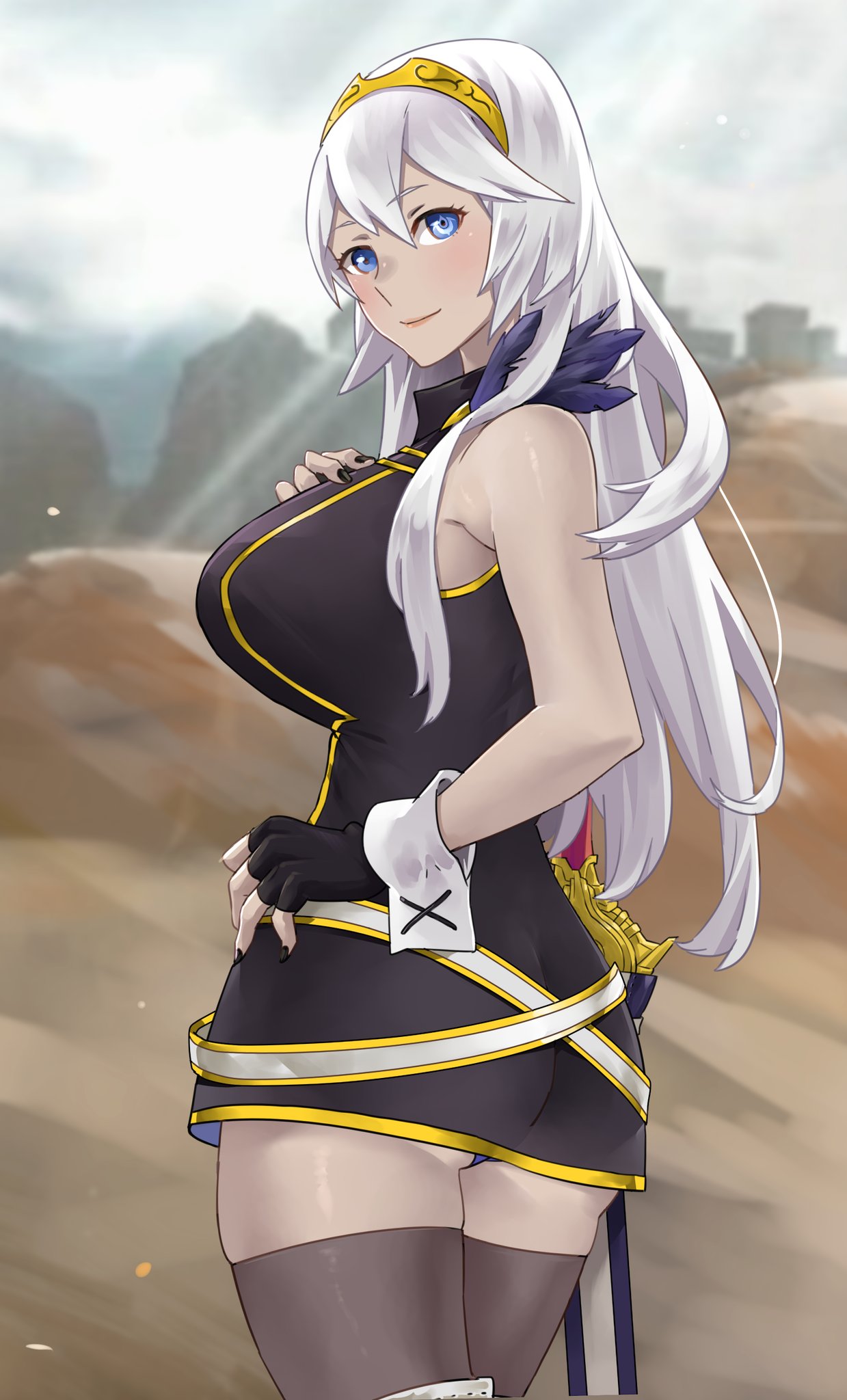 1girls alternate_color ass blue_eyes blue_panties falchion_(fire_emblem) female fire_emblem fire_emblem_awakening grey_hair igni_tion large_breasts long_hair looking_at_viewer looking_back lucina_(fire_emblem) nintendo panties pantyshot pantyshot_(standing) redkite smile solo sword symbol-shaped_pupils tiara upskirt weapon