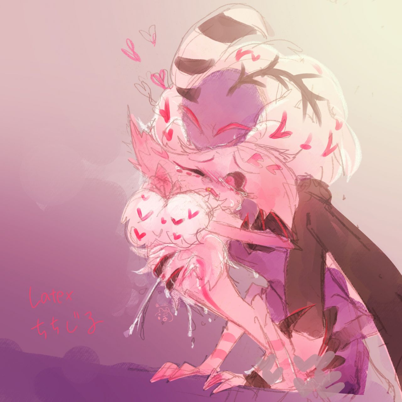 4 arms, anal, anal sex, angel dust (hazbin hotel), arachnid, blush, chest tuft, crying, demon, femboy, from behind, gay, hand on chest, hand on hip, handcuffs, hazbin hotel, lactation, male, male lactation, male only, male/male, milk, moth, multi arm, multi limb, multiple boys, naked, nude, one eye closed, one leg up, purple skin, red eyes, sketch, spider, spread legs, tears, thighhighs, thighs, valentino (hazbin hotel), white fur, yaoi