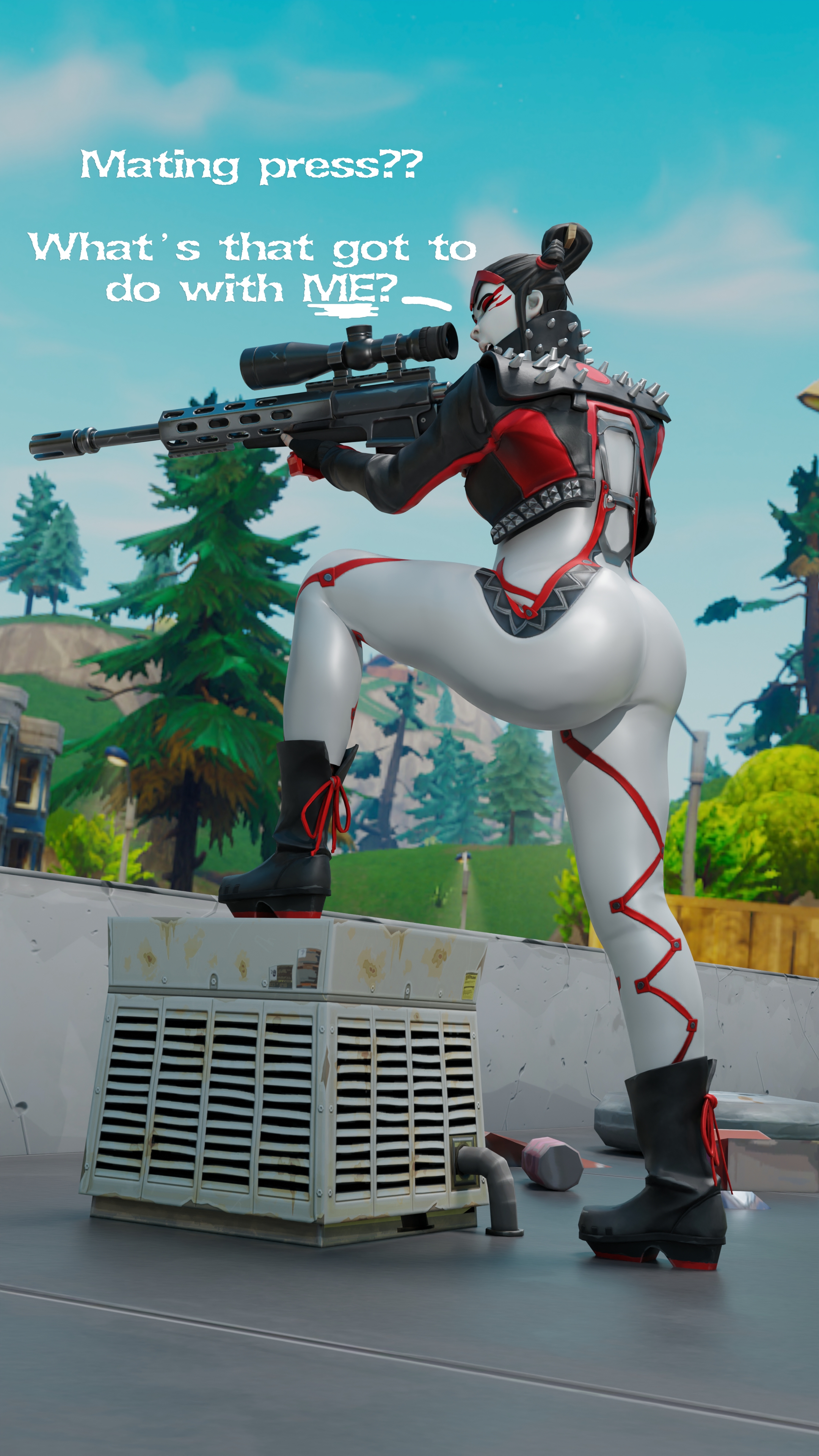 3d, ass, ass focus, background, blender, female, fortnite, sniper rifle, takara (fortnite), thenumbersdon'tlie