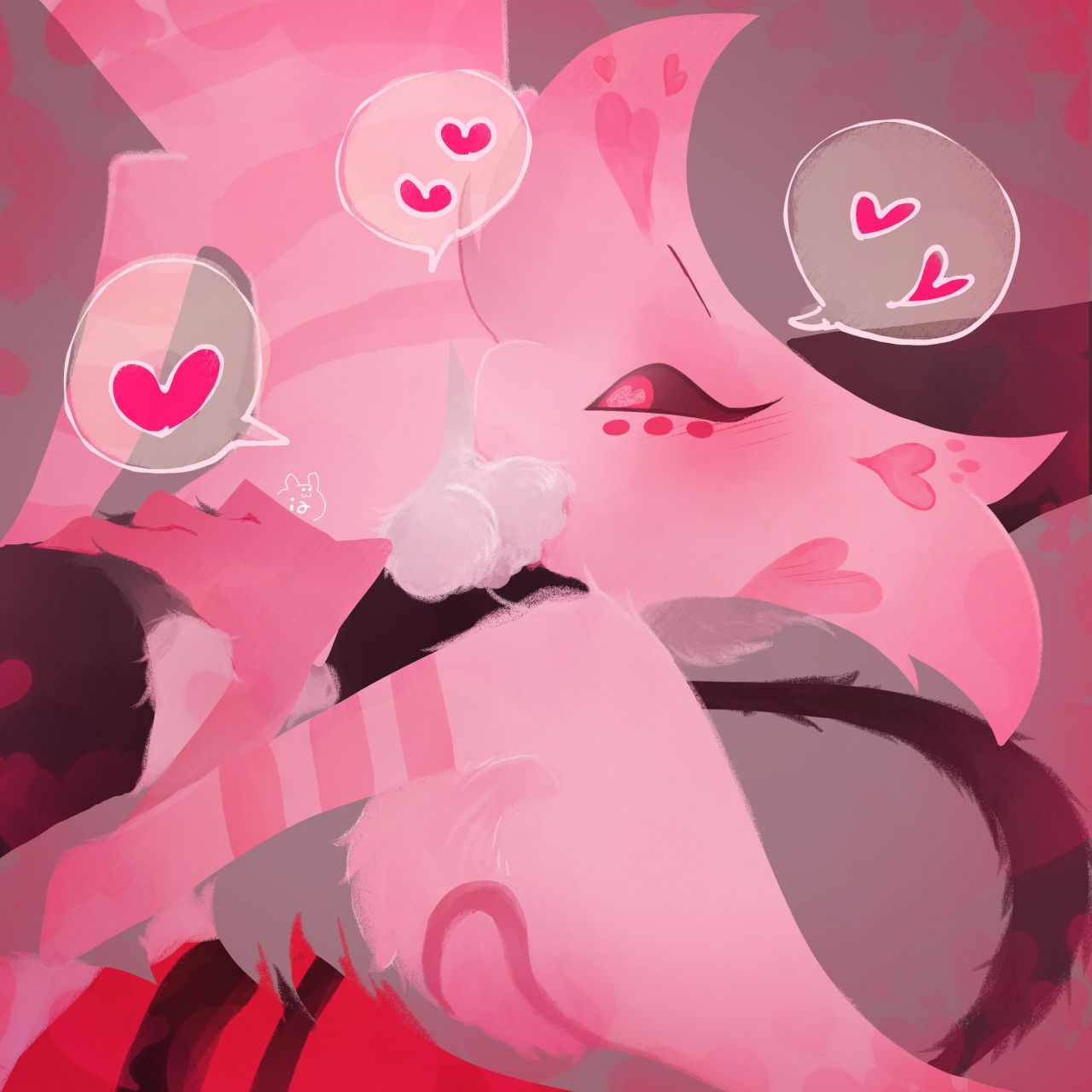2boys, angel dust (hazbin hotel), balls, between legs, blush, brown fur, chest tuft, cosplay, femboy, furry balls, gay, hand on thigh, hazbin hotel, heart, heart-shaped pupils, husk (hazbin hotel), licking balls, male, male only, male/male, naked, nude, sitting, spread legs, sucking balls, sucking testicles, testicles, thighhighs, thighs, white fur, yaoi