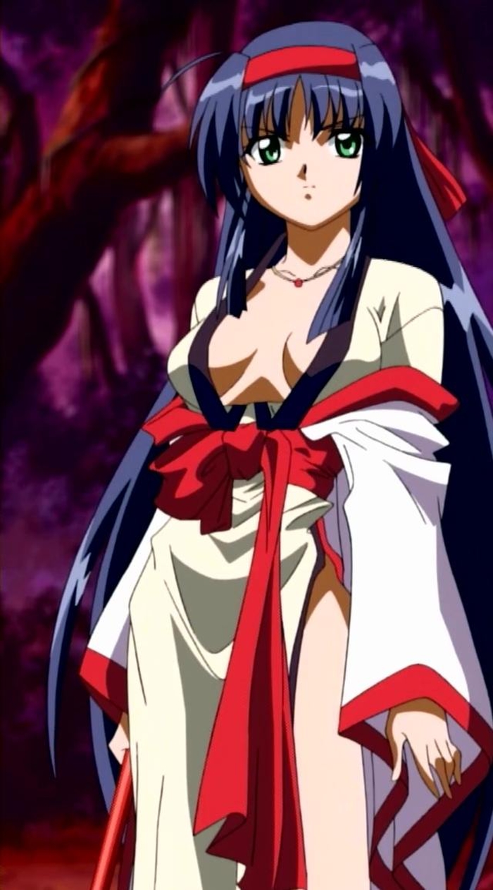 1girls amaterasu_(izumo) blue_hair breasts cleavage female female_focus female_only green_eyes human izumo medium_breasts miko screencap screenshot solo solo_female solo_focus stitched