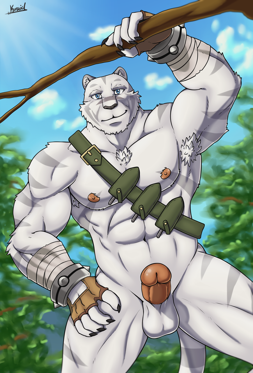 anthro armpit_hair body_hair felid genitals grimoire_of_zero hi_res humanoid_genitalia humanoid_penis kraidhiel male male_focus male_only male_solo mammal mercenary_(character) muscular nude pantherine penis solo solo_male tiger