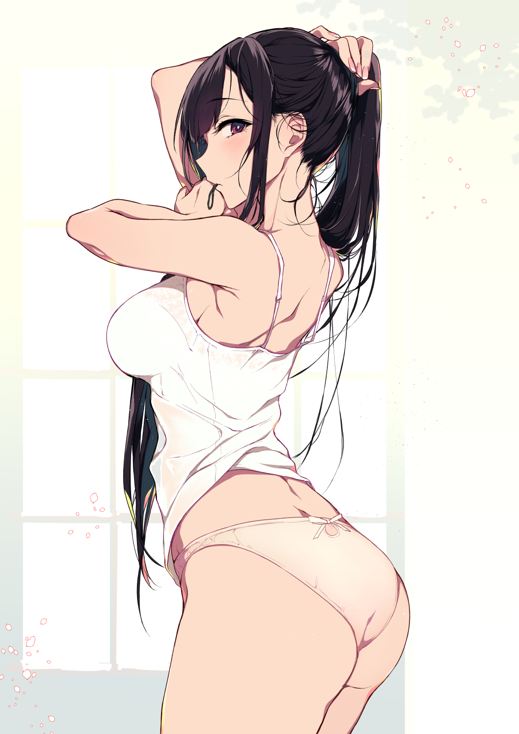 adjusting_hair ane_naru_mono armpit_peek armpits arms_up ass back bare_shoulders black_hair bra bra_visible_through_clothes breasts bright_pupils camisole chiyo_(ane_naru_mono) cowboy_shot eyebrows_visible_through_hair female female female_only fingernails hair_tie hair_tie_in_mouth hand_up high_resolution in_profile introvert large_breasts long_fingernails long_hair looking_at_viewer medium_breasts mouth_hold nape no_pants official_art pantsu pochi_(pochi-goya) ponytail purple_eyes see-through sidelocks simple_background solo spaghetti_strap tagme tank_top thighs tied_hair tying_hair underwear underwear_band very_long_hair white_background white_bra white_panties white_pupils white_underwear