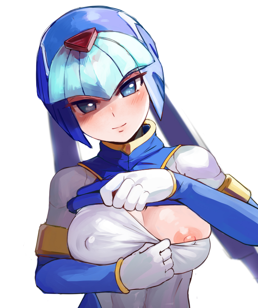 1girls, android, areolae, blue eyes, boobs, breasts, fairy leviathan, female, female only, flashing, flashing breasts, looking at viewer, mega man, mega man zero, nipples, pink nipples, robot, robot girl, simple background, solo, solo female, tits, white background