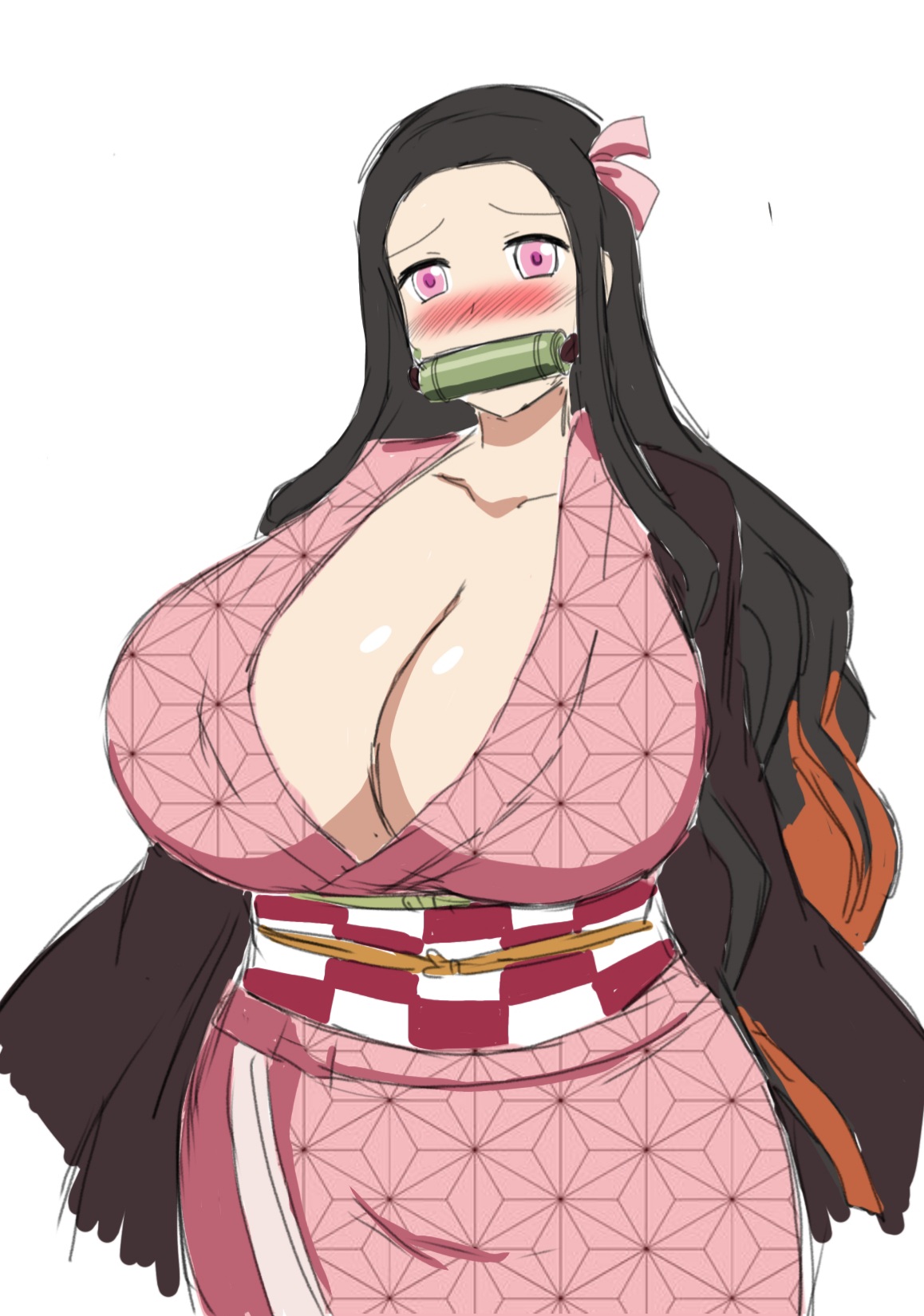 1girls, aged up, alternate breast size, big breasts, black hair, blush, breasts, cleavage, demon slayer, female, female only, gag, hair ribbon, haori, huge breasts, kamado nezuko, kimetsu no yaiba, kimono, large breasts, long hair, looking at viewer, momiji (artist), obi, partially clothed, pink eyes, solo, two-tone hair