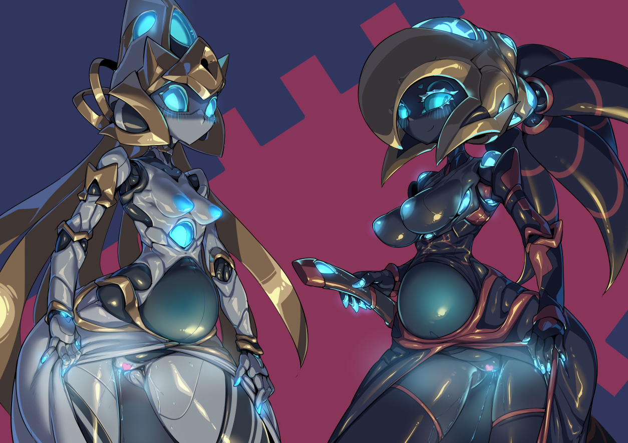 2girls, alma (pochincoff), arched back, areolae, black skin, blue nipples, blue pussy, blush, breasts, censored, clothing, duo, female, female only, gem, glowing, glowing eyes, glowing nipples, glowing pussy, half-closed eyes, heart censor, humanoid, iota (pochincoff), looking at viewer, metal, nude, original, pochincoff, pointless censoring, pregnant, pregnant robot, pussy, pussy juice, robot, robot girl, small breasts, smile, standing, thick thighs, thighhighs, wide hips