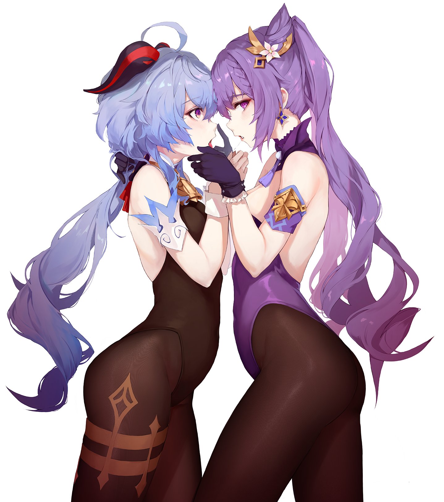 2girls, after kiss, bad id, blue hair, female, ganyu (genshin impact), genshin impact, gloves, goat horns, holding hands, horn, keqing (genshin impact), legwear, leotard, leviathan (hikinito0902), looking at viewer, open mouth, pantyhose, purple eyes, purple hair, saliva trail, side view, twintails, very long hair, yuri