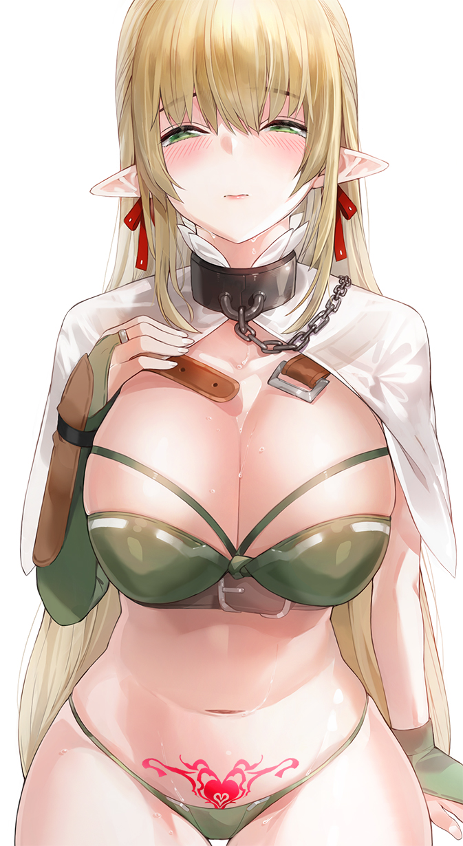 1girls belt big_breasts blonde_hair blush bondage bra breasts capelet chain_leash chained chains cleavage closed_mouth collar collarbone commentary_request elf elf_ears eyebrows_visible_through_hair female femsub green_bra green_eyes green_panties half-closed_eyes hand_up highres kfr large_breasts leash long_hair looking_at_viewer navel original panties photoshop_(medium) pointy_ears pubic_tattoo red_ribbon ribbon sidelocks simple_background solo stomach sweat tattoo thick_thighs thighs thin_waist underwear very_long_hair white_background wide_hips