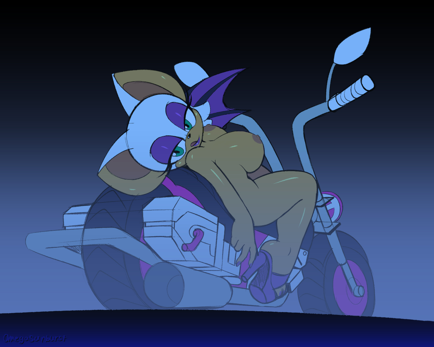 areola, areolae, bat, bat wings, big breasts, breasts, color, completely nude, dark nipples, edit, edited, erect nipples, female, heels, high heels, licking lips, line art, lipstick, motorcycle, nipples, nude, nude filter, omegasunburst, rouge the bat, sega, sonic (series), third-party edit, tongue, tongue out, voluptuous, white fur, wings