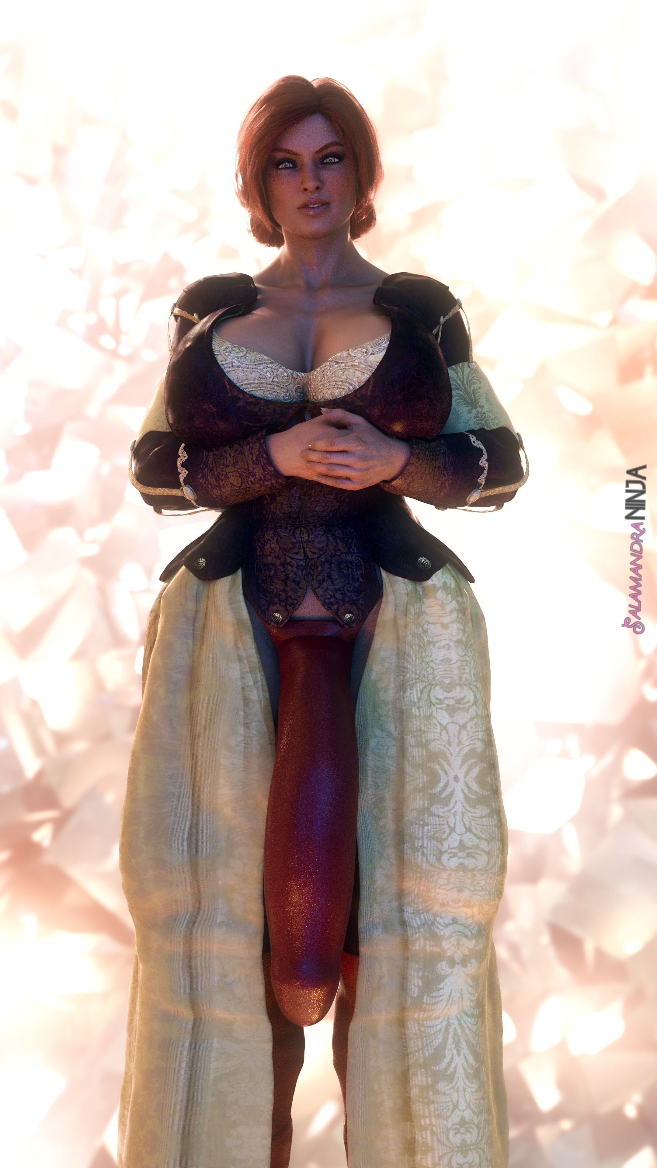 1futa, 3d, abs, breasts, cd projekt red, cock sleeve (clothes), flaccid, futa only, futanari, huge cock, intersex, large breasts, penis, penis to the knees, salamandraninja, solo, the witcher (series), the witcher 3: wild hunt, triss merigold