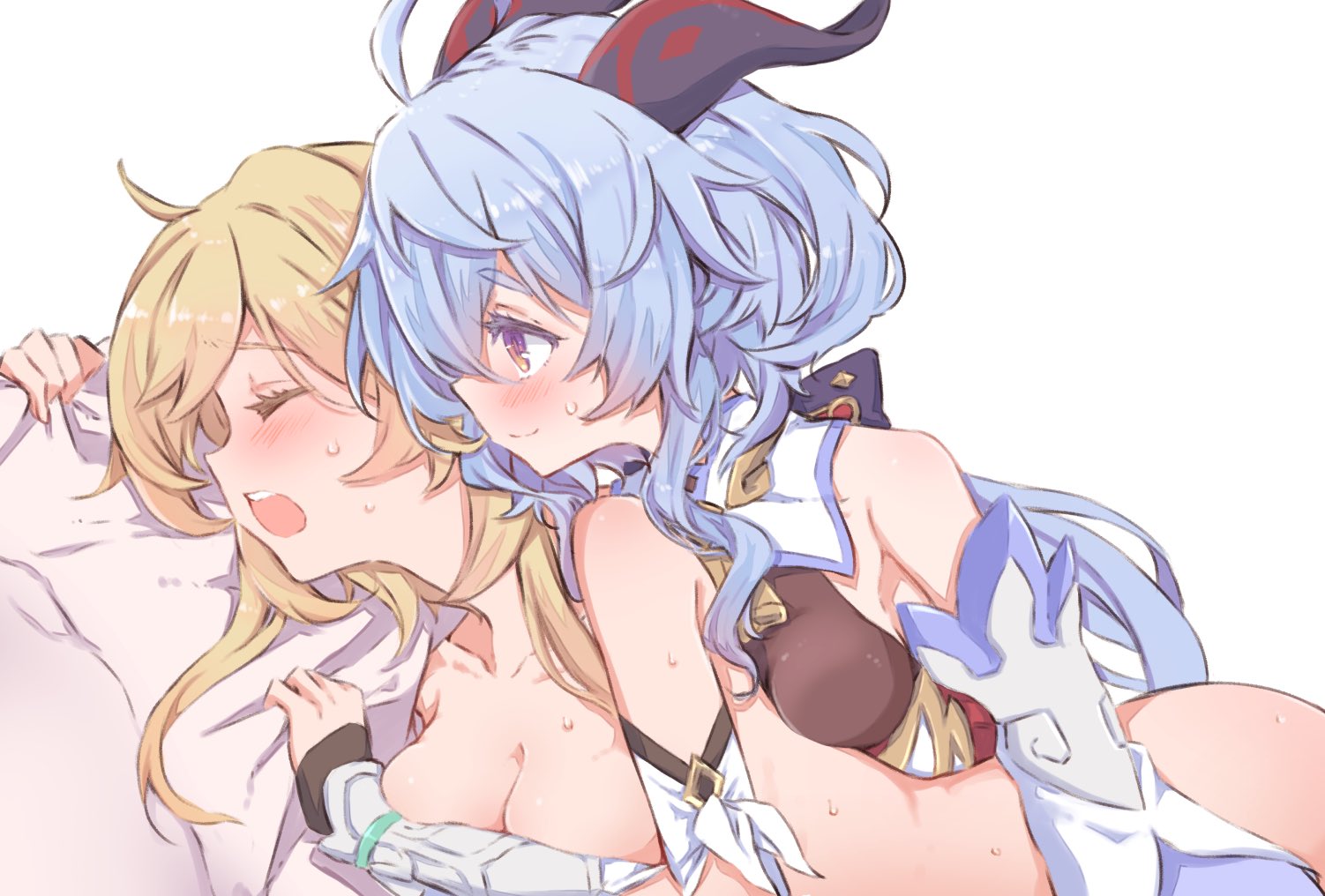 2girls, against bed, ahoge, assertive female, blonde hair, blue hair, blush, bodystocking, breasts, closed eyes, covering breasts, cowbell, female, fingering, from behind, ganyu (genshin impact), genshin impact, goat horns, looking at partner, lumine (genshin impact), lying on person, multiple females, multiple girls, nwon'yo pasun, open mouth, partially clothed, sheet grab, side view, small breasts, sweat, yuri