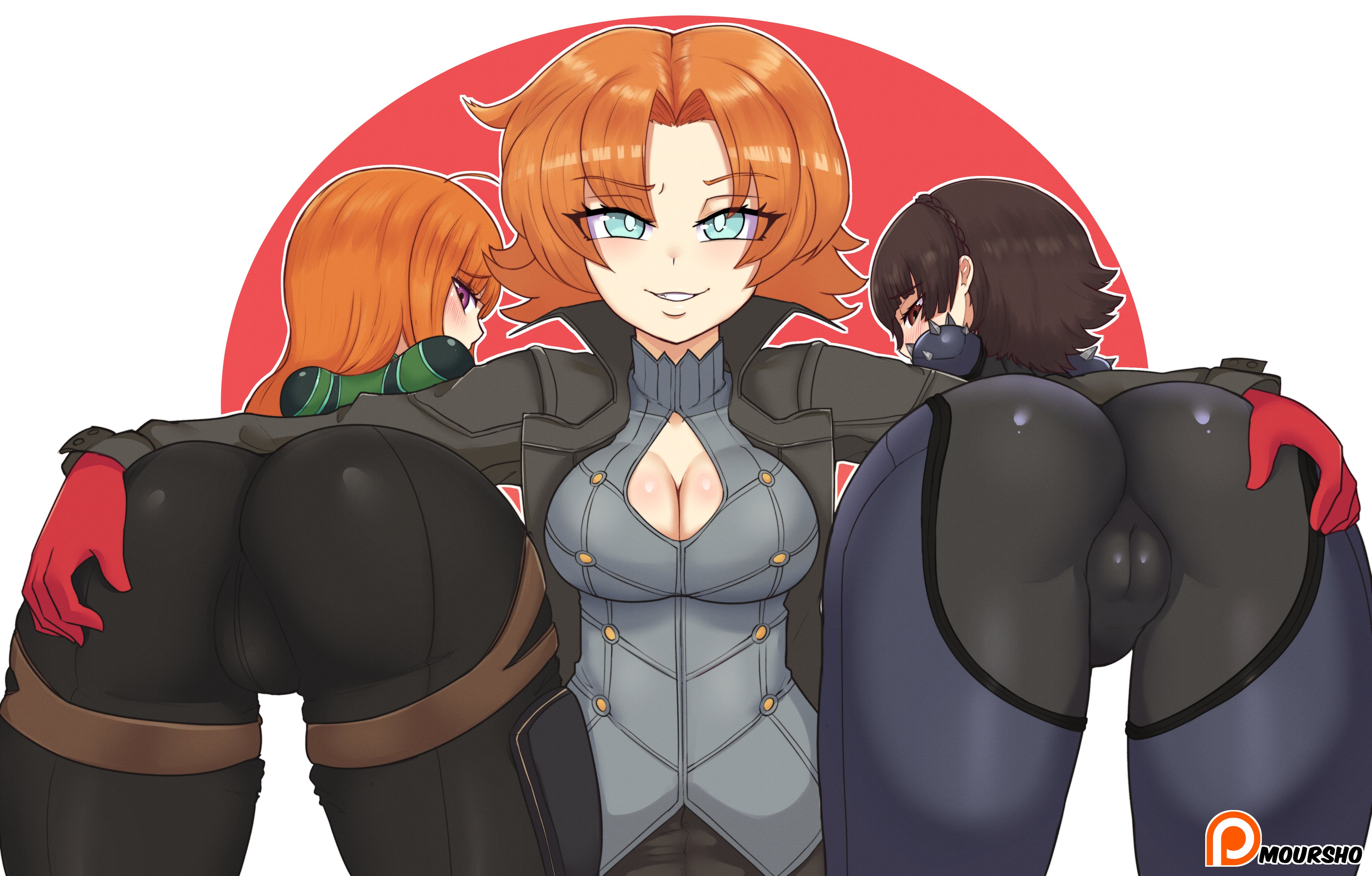 3girls, absurd res, absurdres, ahoge, artist name, ass, ass focus, atlus, bangs, big ass, big breasts, black bodysuit, blue eyes, bodysuit, braid, breasts, brown eyes, brown hair, cameltoe, cleavage, cleavage cutout, clothed, clothed female, clothing, commission, cosplay, crossover, eastern and western character, eyebrows visible through hair, female, female focus, female only, green eyes, hand on ass, hi res, highres, huge ass, human, large ass, large breasts, makoto niijima, makoto niijima (queen), megami tensei, moursho, multiple females, multiple girls, nora valkyrie, orange hair, patreon, persona, persona 5, phantom thief suit, pink eyes, presenting, presenting ass, pussy, ren amamiya (cosplay), rwby, sakura futaba, sakura futaba (oracle), sega, short hair, shoulder length hair, simple background, take your pick
