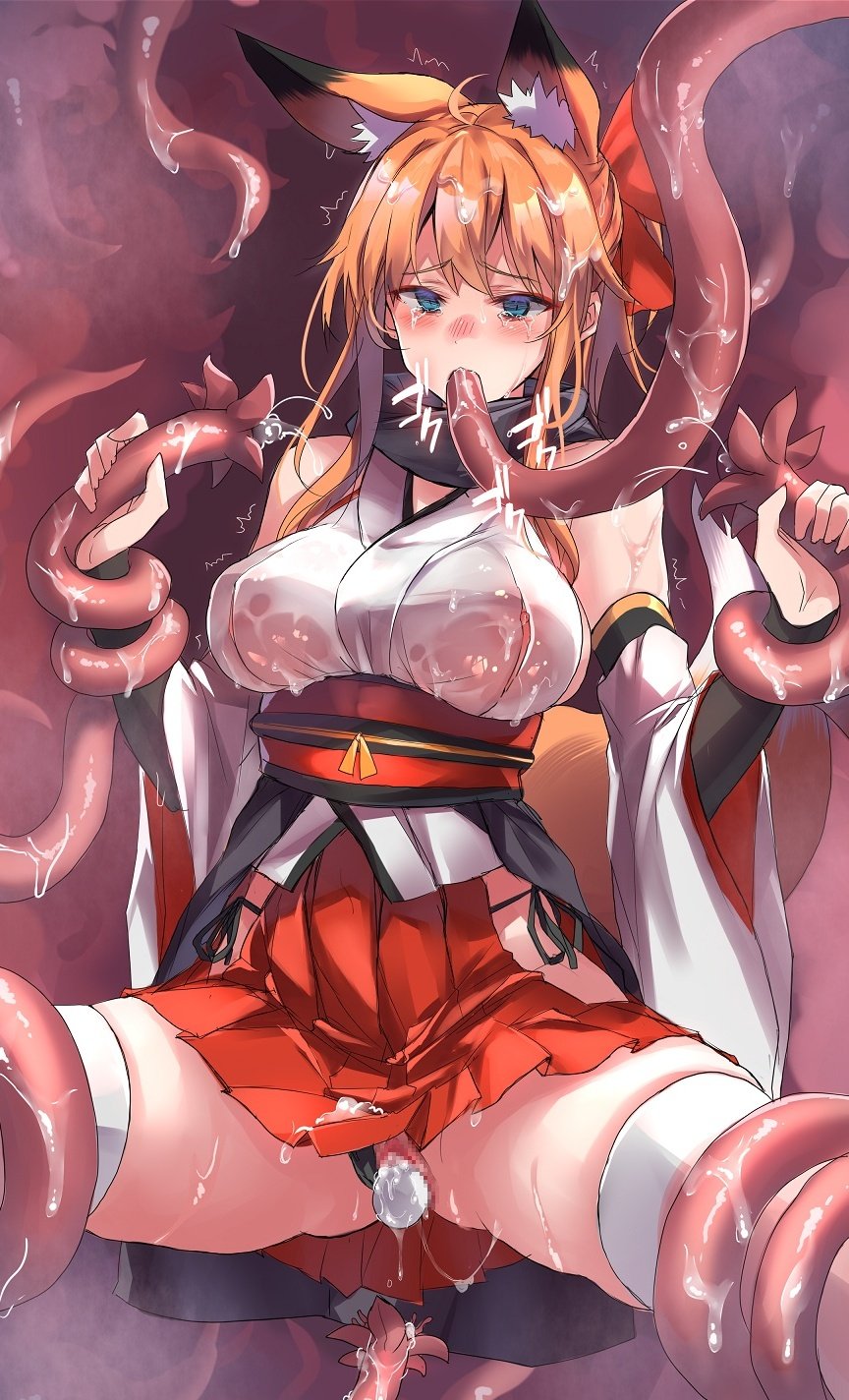 animal_ear_fluff animal_ears aqua_eyes bare_shoulders black_scarf blue_eyes breasts censored clothed_sex clothing clothing_cutout detached_sleeves egg egg_laying female fingerless_gloves fox_ears fox_girl fox_tail gloves hi_res highres long_hair miniskirt mosaic_censoring open_mouth oral orange_hair original panties penetration pink_tentacles pregnant pussy rape red_skirt restrained sawaya_(mizukazu) scarf side-tie_panties skirt spread_legs tail tears tentacle tentacle_grab tentacle_in_mouth thighhighs trembling underwear wet.wet_clothes white_legwear white_thighhighs wide_hips wide_sleeves