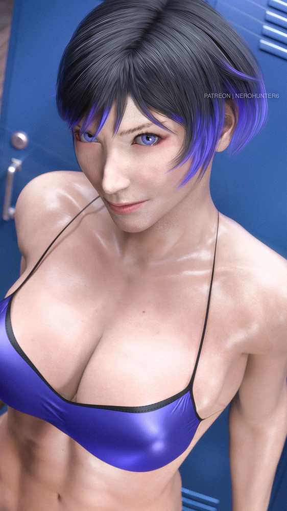 1girls, 3d, 9:16, abs, big breasts, black hair, bra, breasts, cleavage, female, female only, fit, fit female, looking at viewer, namco, nerohunter6, purple eyes, purple highlights, reina mishima, short hair, solo, sports bra, tekken, tekken 8, two-tone hair