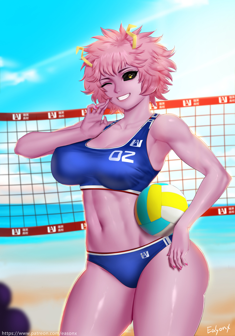 1girls beach bikini blue_sports_bra breasts easonx female female_only looking_at_viewer mina_ashido my_hero_academia ocean one_female only_female pink_hair pink_skin short_hair solo solo_female sports_bra volleyball_(ball) volleyball_net yellow_eyes