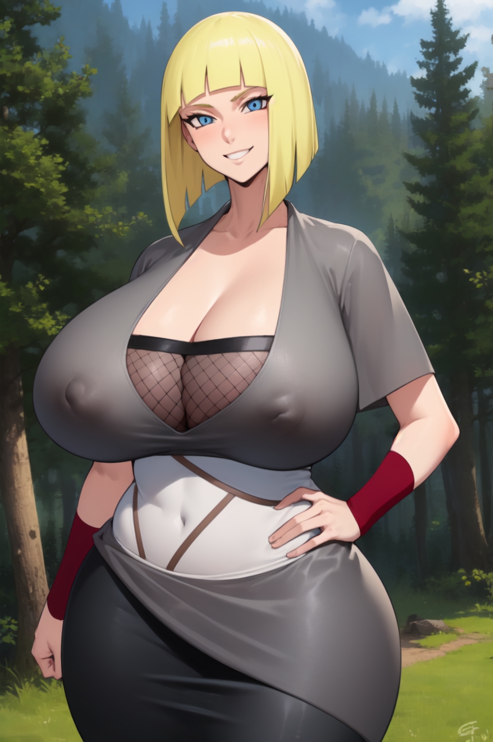 1girls ai_generated arm_guards big_breasts blonde_hair blue_eyes blunt_bangs blush bob_cut breasts breasts_bigger_than_head busty child_bearing_hips cleavage cowboy_shot dress female female_only forest fully_clothed grin hand_on_hip hanging_breasts hi_res hourglass_figure huge_breasts inverted_nipples kunoichi large_breasts large_hips light-skinned_female light_skin mature mature_female mature_woman milf milkersenjoyer nai_diffusion narrowed_eyes naruto naruto_shippuden nature ninja nipples nipples_visible_through_clothing no_bra no_bra_under_clothes oppai outdoors pinup plump puffy_nipples sagging_breasts samui sash short_hair smile stable_diffusion standing top_heavy top_heavy_breasts visible_nipples voluptuous voluptuous_female wide_hips