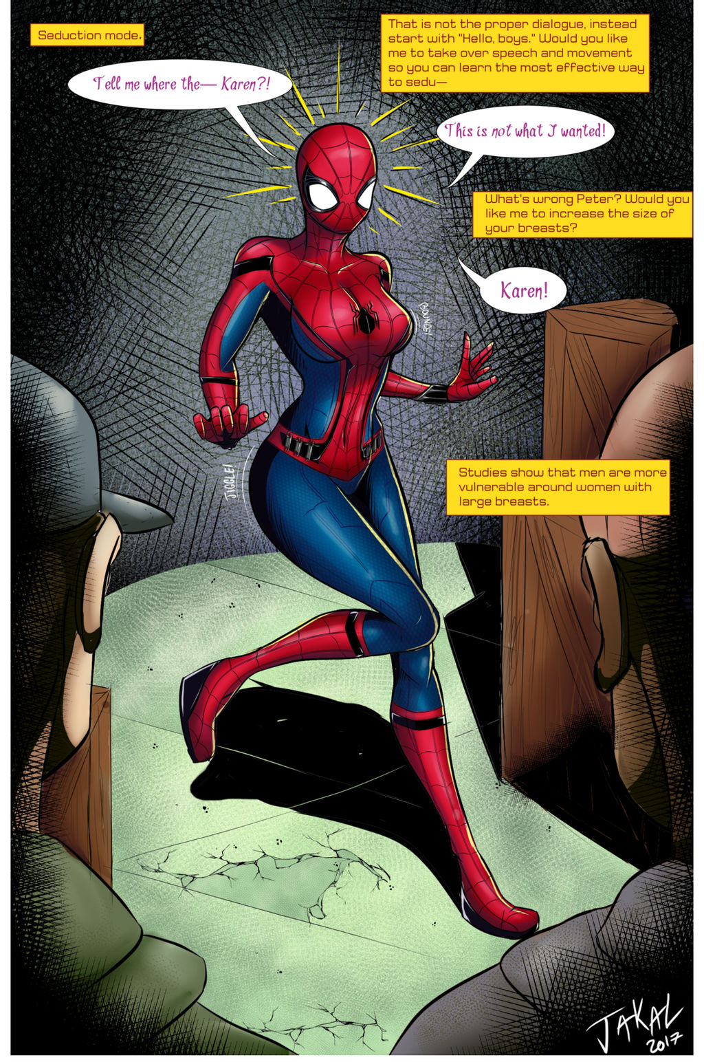 1girls 2017 2boys ass_expansion breast_expansion breasts comic female gender_transformation high_heels human human_only jakal63 light-skinned_female light_skin male marvel marvel_cinematic_universe mtf_transformation peter_parker petra_parker rule_63 smooth_skin speech_bubble spider-man spider-man:_homecoming spider-man_(series) superheroine text