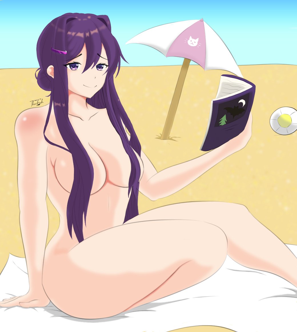 1female 1girls bare_shoulders beach breasts doki_doki_literature_club female girl long_hair naked naked_female nude nude_female nudity purple_eyes purple_hair sand thefishart yuri_(doki_doki_literature_club)