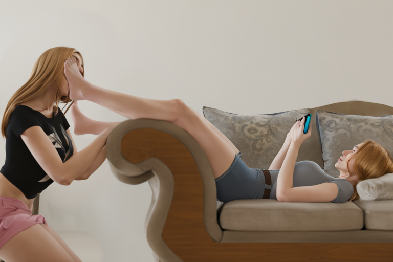 2girls ai_generated blonde_hair cushion foot_fetish ignoring kneeling legs_over_edge long_hair lying_on_back nintendo_switch original_character pale_skin playing_videogame shorts skinny sofa t-shirt thighs white_background