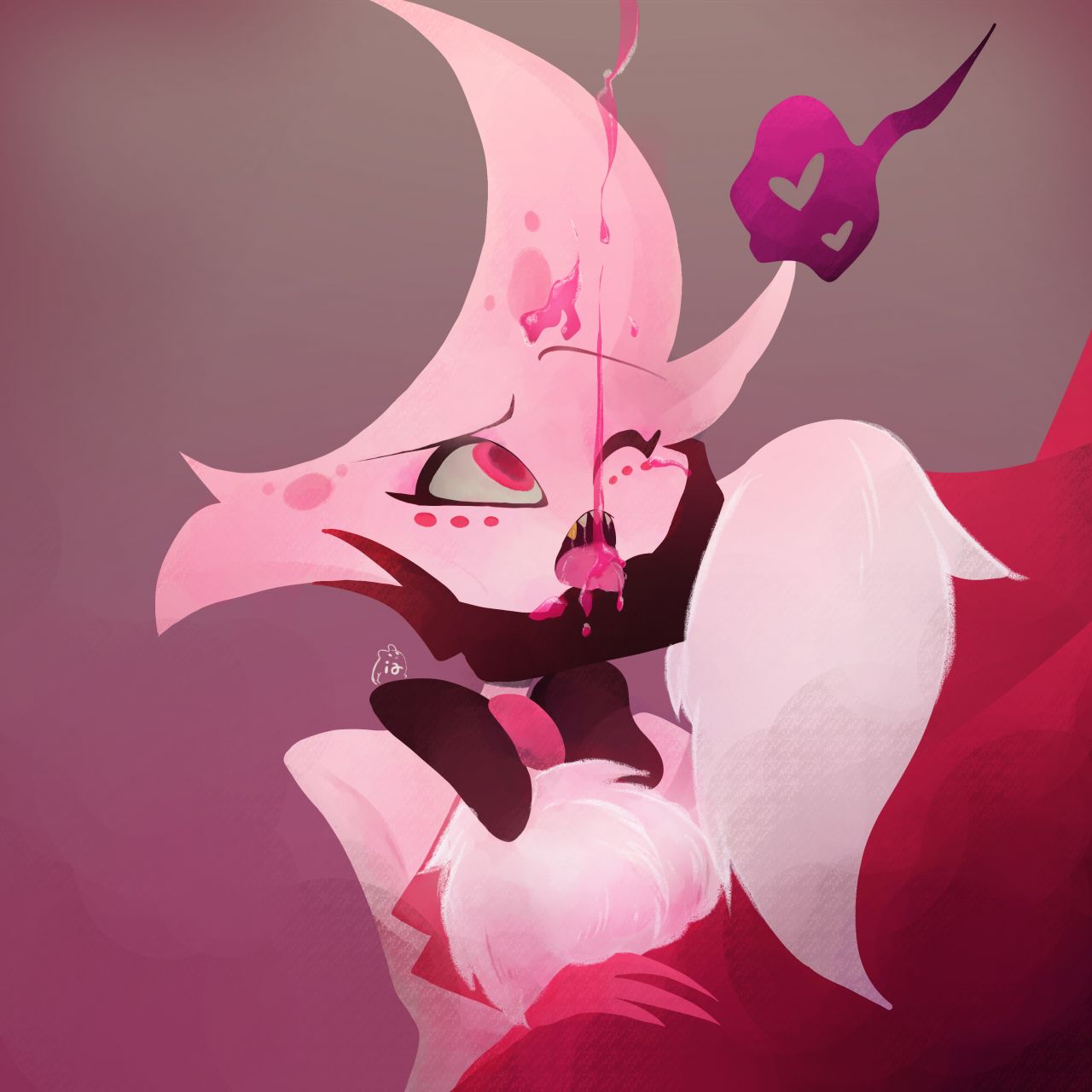 2boys, angel dust (hazbin hotel), bowtie, chest tuft, clothed, femboy, gay, hand on face, hazbin hotel, heart, looking up, male, male only, male/male, open mouth, saliva, saliva drip, saliva on tongue, saliva string, saliva swap, saliva trail, sharp teeth, size difference, tongue, tongue out, valentino (hazbin hotel), white fur, white hair, yaoi