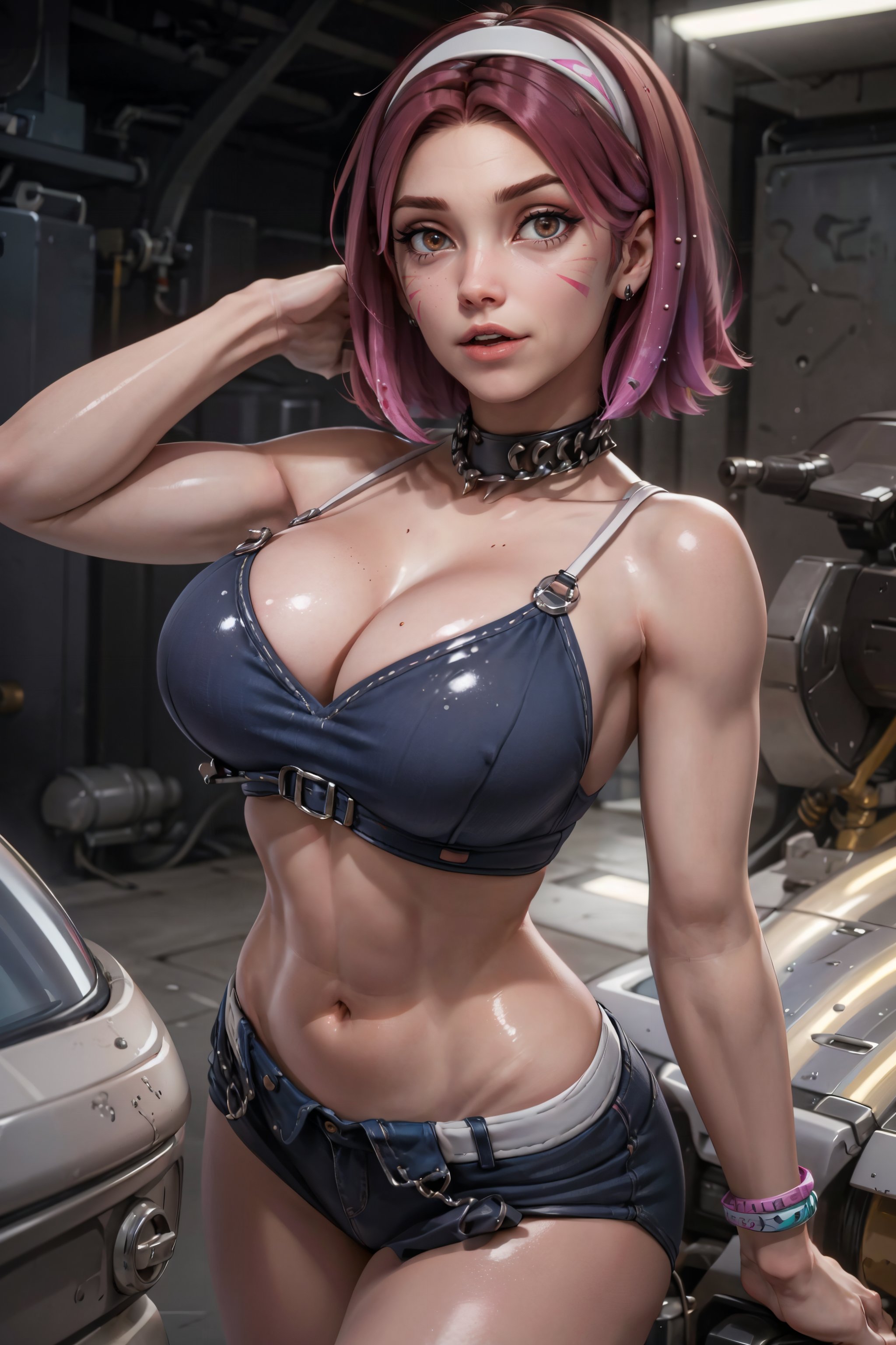 1girls, ai generated, antifragile dazzle, boob window, breasts, busty, cleavage, d.va, female, idol, large breasts, le sserafim, league69, looking at viewer, outdoors, overwatch, overwatch 2, short hair, shorts, solo