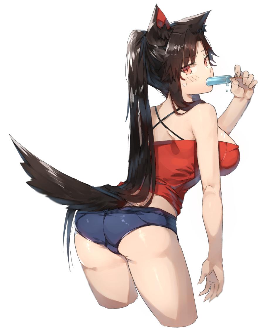 alternate_costume alternate_hairstyle animal_ear_fluff animal_ears ass bare_arms bare_shoulders black_hair blush breasts buruma camisole casual commentary_request contemporary cowboy_shot criss-cross_halter cropped_legs female food food_in_mouth from_behind halterneck hand_up holding holding_food imaizumi_kagerou kagerou_imaizumi large_breasts leaning_forward long_hair looking_at_viewer looking_back midriff ponytail popsicle red_eyes sidelocks simple_background solo standing suminagashi sweat tail thighs touhou very_long_hair white_background wolf_ears wolf_tail