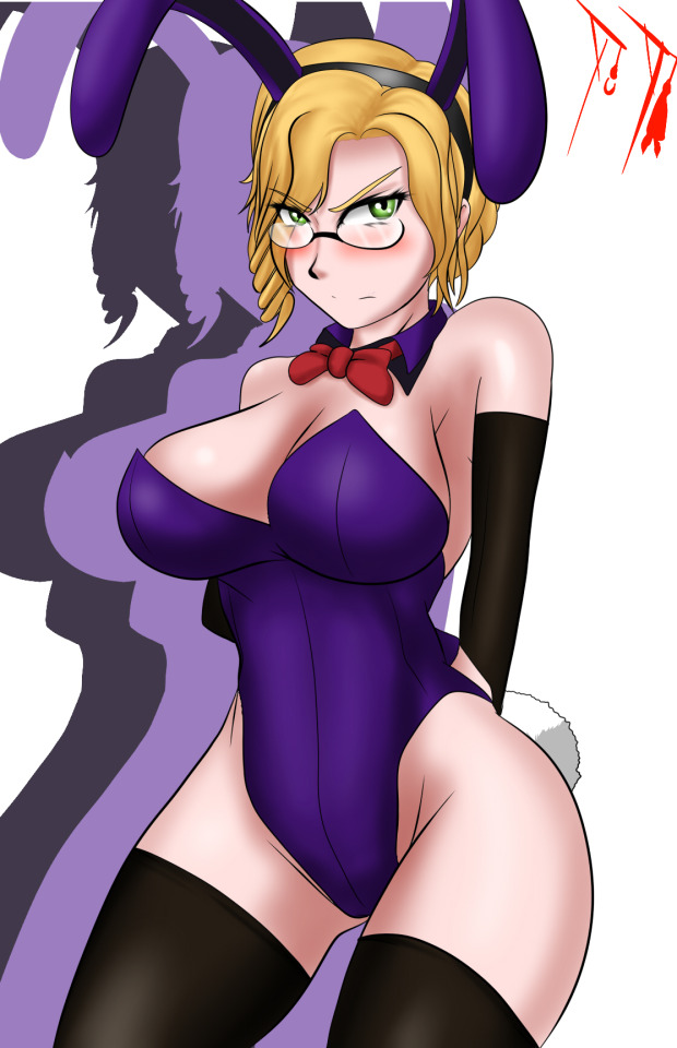 angry arms_behind_back artist_signature ass bare_shoulders big_breasts blonde_hair blush bowtie breasts bunny_ears bunny_tail bunnysuit glasses gloves glynda_goodwitch green_eyes looking_at_viewer rooster_teeth rwby sillouette stockings suicidetoto thighs tumblr_link viz_media