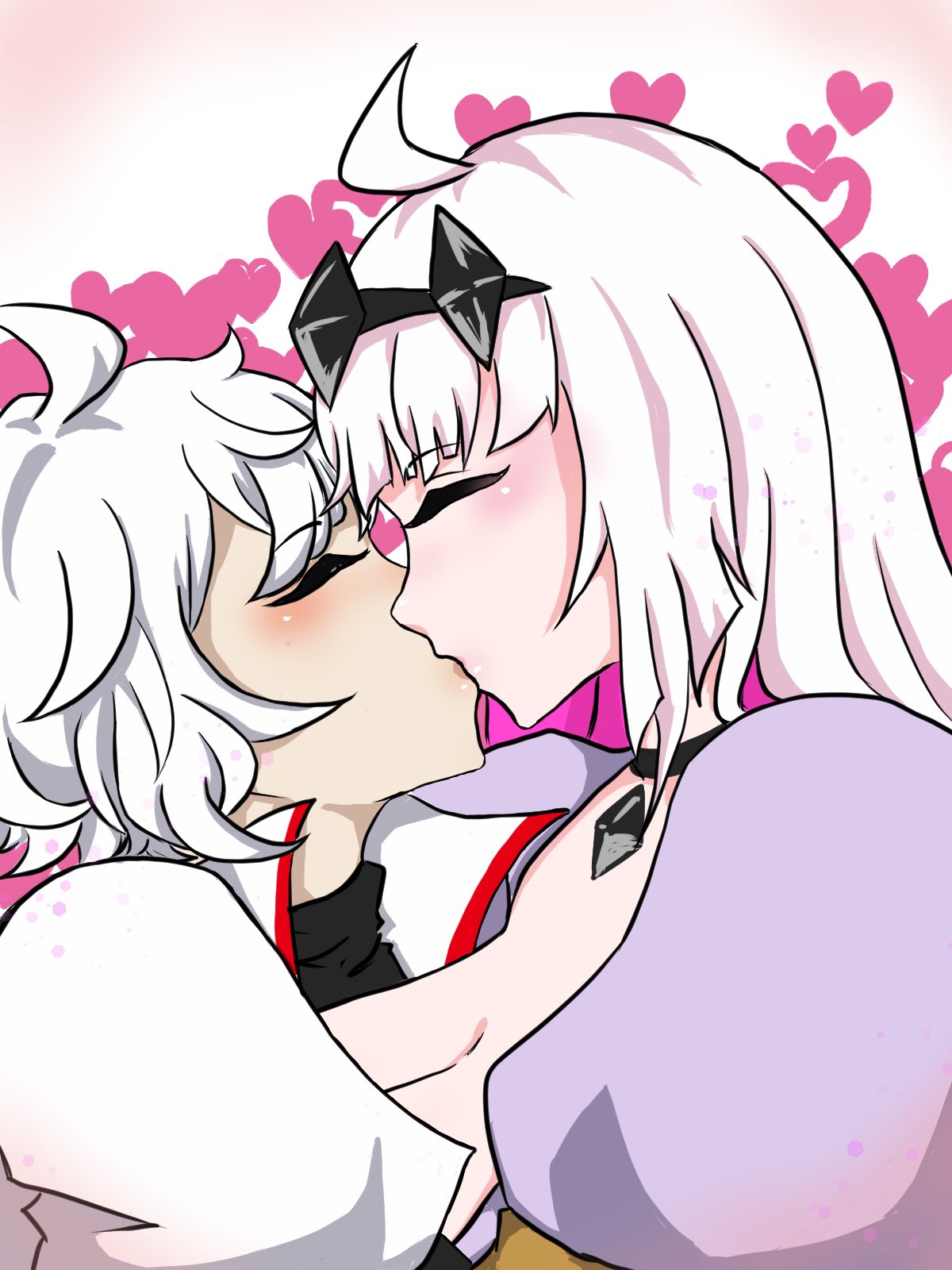 bell_nova big_breasts blush coat cowlick fnf fnf_mod fnf_mods friday_night_funkin friday_night_funkin_mod headgear heart infini-verse kissing nikusa nikusa_(fnf) nikusa_(sugarratio) white_hair wholesome