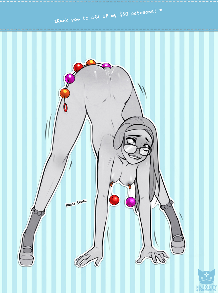1girls, all fours, anal beads, anal masturbation, arm support, ass, ass up, bent over, big hero 6, biting lip, bondage, breasts, eyes rolling back, female, female only, femsub, glasses, head down ass up, high heels, honey lemon, looking pleasured, marvel, marvel comics, masturbation, naked, naked footwear, naked heels, ninjakitty, nipple clamps, nipples, nude, nude female, pleasure face, sex toy, shaking, smile, smiling, solo, solo female