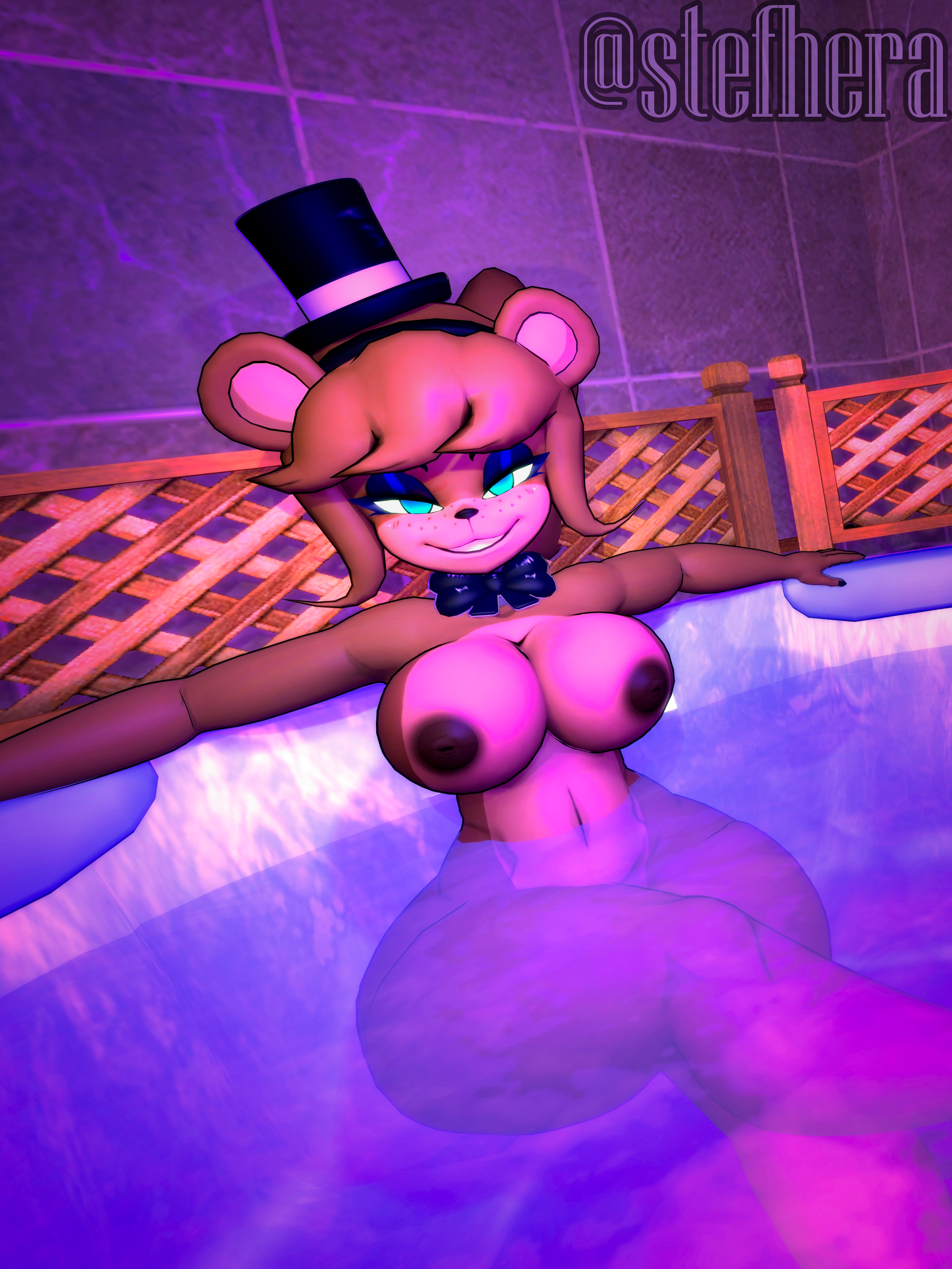 1girls, 3d, bear, big breasts, blue eyes, breasts, brown body, brown fur, brown hair, cally3d, completely nude, cryptiacurves, fazclaire's nightclub, female, female focus, female only, five nights at freddy's, freddy (fnaf), fredina (cally3d), fredina's nightclub, frenni (cryptia), frenni fazclaire, hat, highres, nude, pole, randomstuff, smiling, solo, stefhera, tagme, yellow eyes