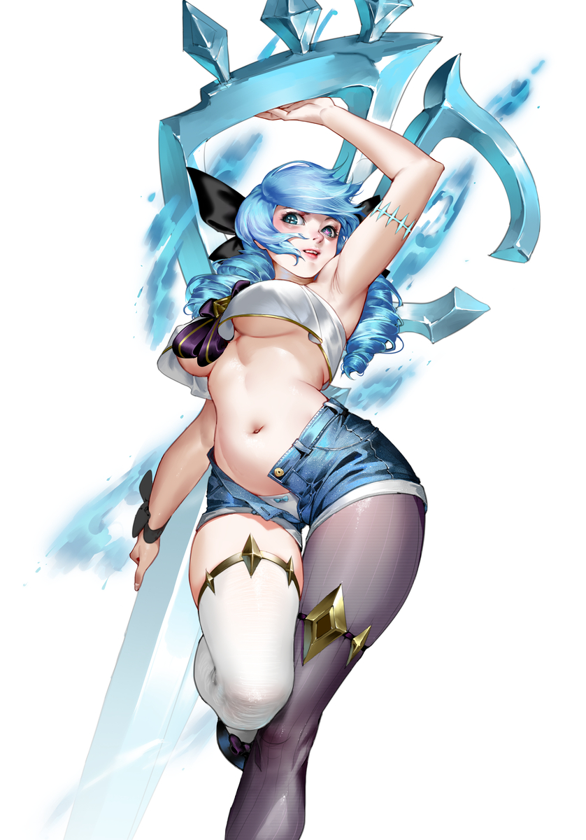 1girls belly_button blue_hair female female_only gwen_(league_of_legends) hua_zhong_yu league_of_legends panties scissors shorts solo thighhighs underboob