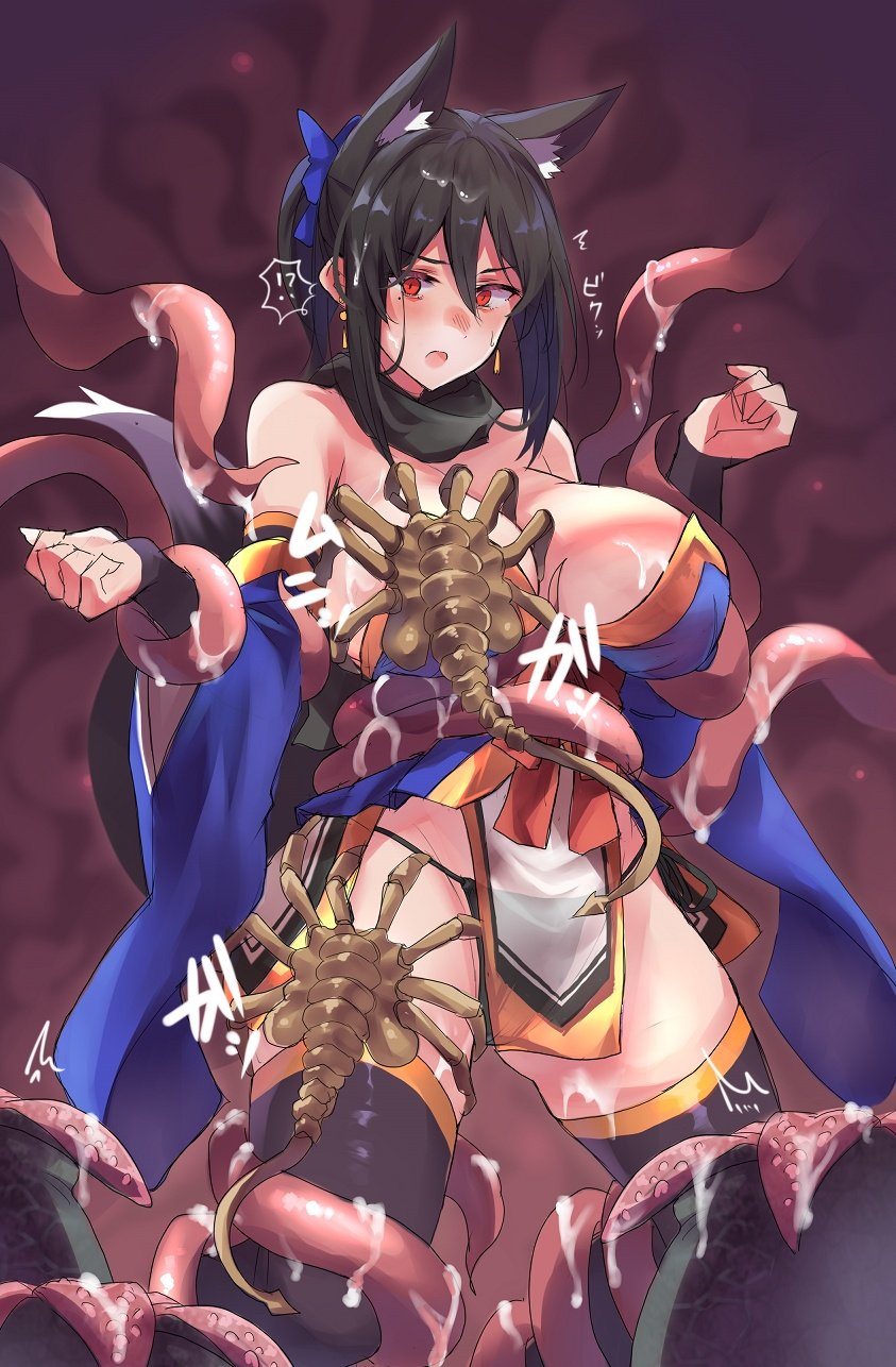 !? animal_ear_fluff animal_ears bare_shoulders black_hair black_panties breasts detached_sleeves facehugger female fingerless_gloves fox_ears fox_girl fox_tail gloves hair_ornament highres open_mouth original panties pelvic_curtain red_eyes sawaya_(mizukazu) side-tie_panties sweatdrop tail thighhighs underwear wide_sleeves