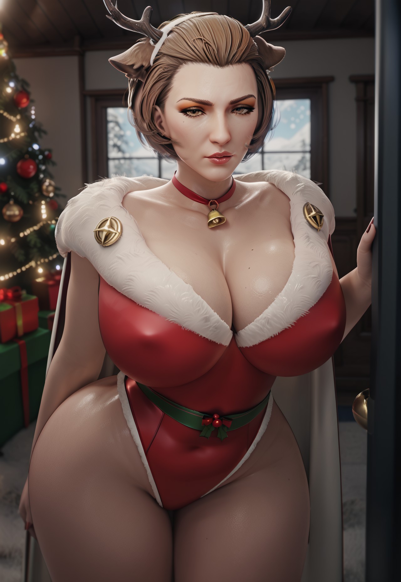 1girls, 3d, ai generated, big ass, big breasts, breasts, christmas outfit, christmas tree, curvy figure, female, fire emblem, fire emblem: three houses, huge ass, huge breasts, looking at viewer, manuela casagranda, manuela casagranda (winter), milf, nipples, short hair, sodaglow artist, solo, thick thighs