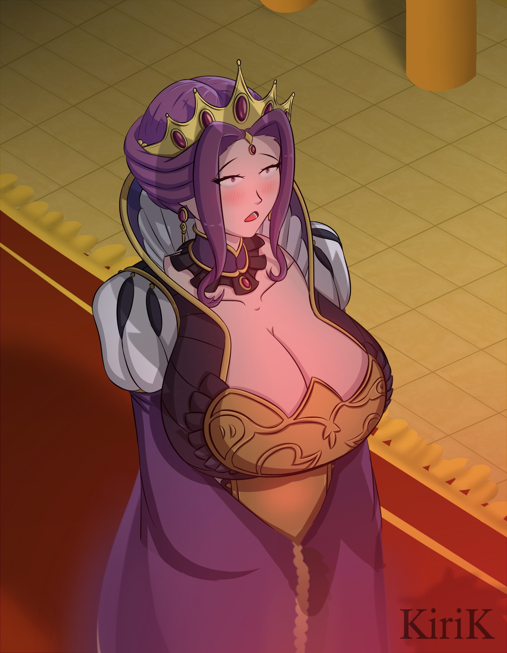 :<, 1girls, artist name, big breasts, blushing, breasts, crown, dress, earrings, female, female only, kirik, light skin, light-skinned female, looking up, mature, mature female, mirelia q melromarc, purple eyes, purple hair, royalty, solo, tate no yuusha no nariagari, thick