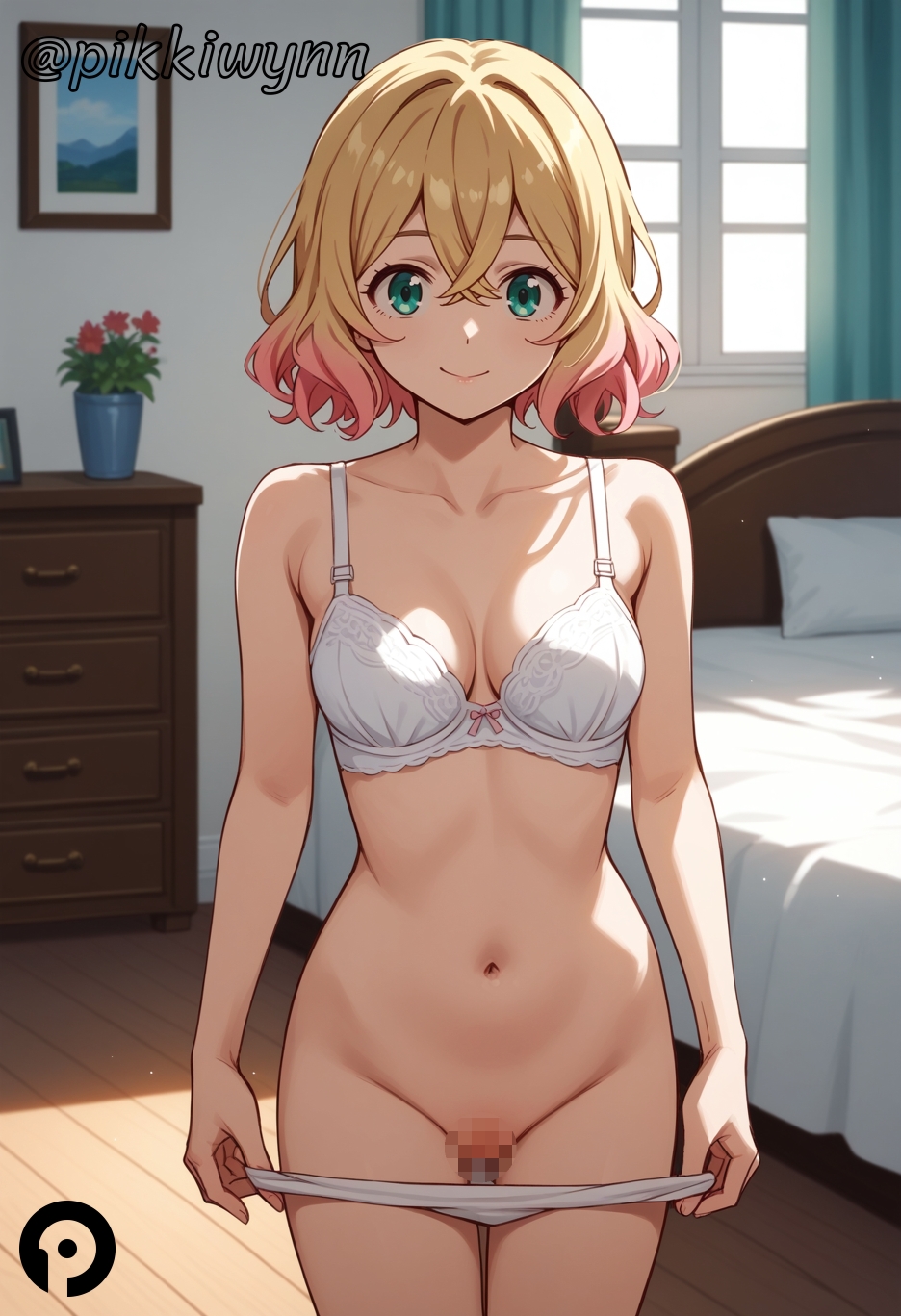 ai_generated bangs bed blonde_hair blush bra breasts cleavage closed_mouth collarbone cowboy_shot crossed_bangs curtains female gradient_hair green_eyes hair_between_eyes indoors kanojo_okarishimasu looking_at_viewer medium_breasts multicolored_hair nanami_mami navel on_bed panties panty_pull pikkiwynn pillow pink_hair pulled_by_self pussy short_hair smile solo stomach underwear underwear_only white_bra white_panties window