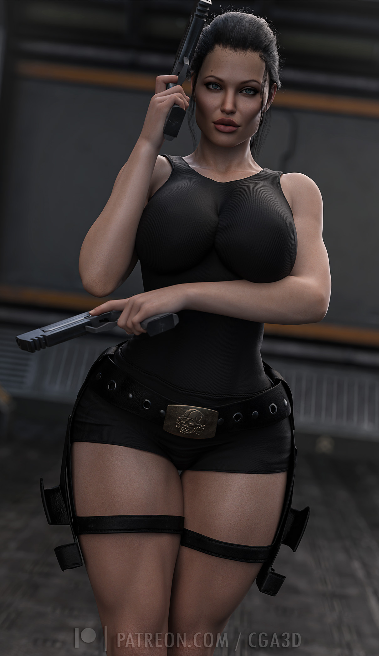 3d, 3d (artwork), abs, angelina jolie, ass, athletic, athletic female, belt, big ass, big breasts, big butt, big thighs, breasts, brown eyes, brown hair, bubble butt, busty, celebrity, cga3d, curvy, dark brown hair, erotichris, female, fit, fit female, forest, front view, gun holster, holster, hourglass figure, huge breasts, huge thighs, human, hyper thighs, lara croft, lara croft (angelina jolie), large thighs, matching hair/eyes, muscular, muscular thighs, navel piercing, necklace, pose, posing, shorts, solo, sweat, thick, thick ass, thick thighs, thigh holster, thigh strap, thighs, tomb raider, wide hips