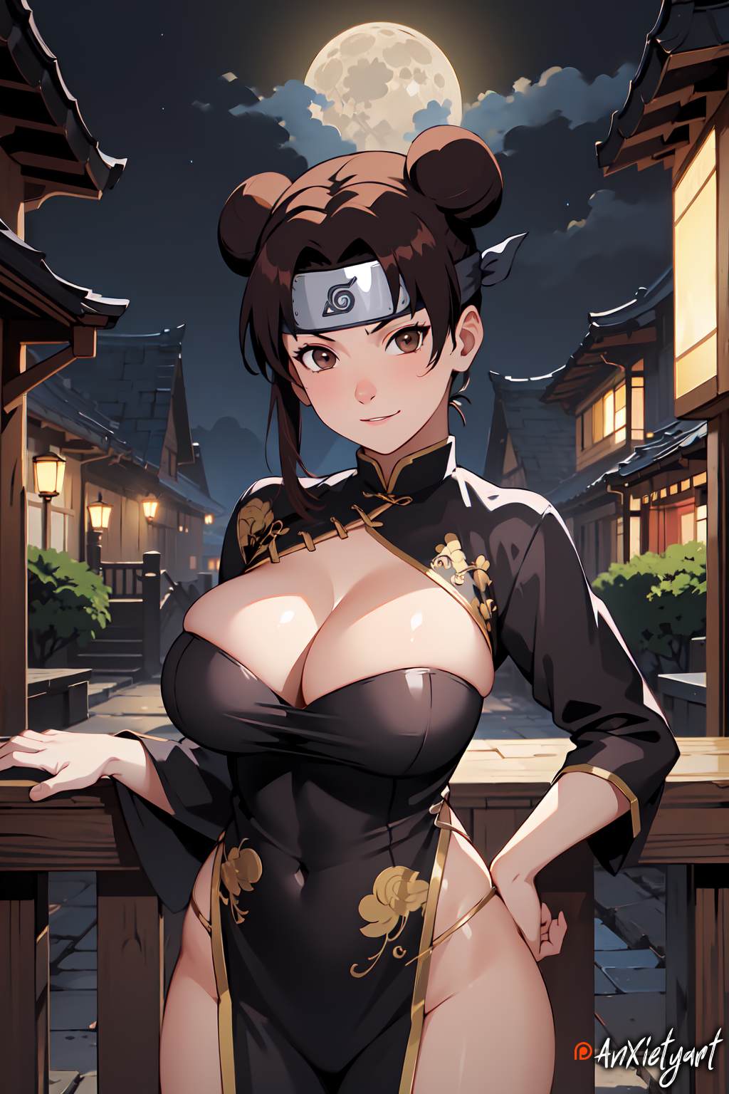 1girls adapted_costume ai_generated alternate_breast_size anxietyart bare_chest bare_legs bare_shoulders bare_thighs barely_clothed big_breasts black_dress breasts center_opening china_dress chinese_clothes cleavage clothing collarbone double_bun female female_only full_moon indoors legs_together moon mostly_clothed nai_diffusion naruto naruto_(series) naruto_shippuden night no_bra no_panties nose_blush open_mouth outdoors patreon_logo patreon_username pinup revealing_clothes skimpy skimpy_clothes solo solo_focus stable_diffusion teeth tenten thick_thighs thighs twin_buns upper_teeth upper_teeth_only url watermark web_address white_teeth