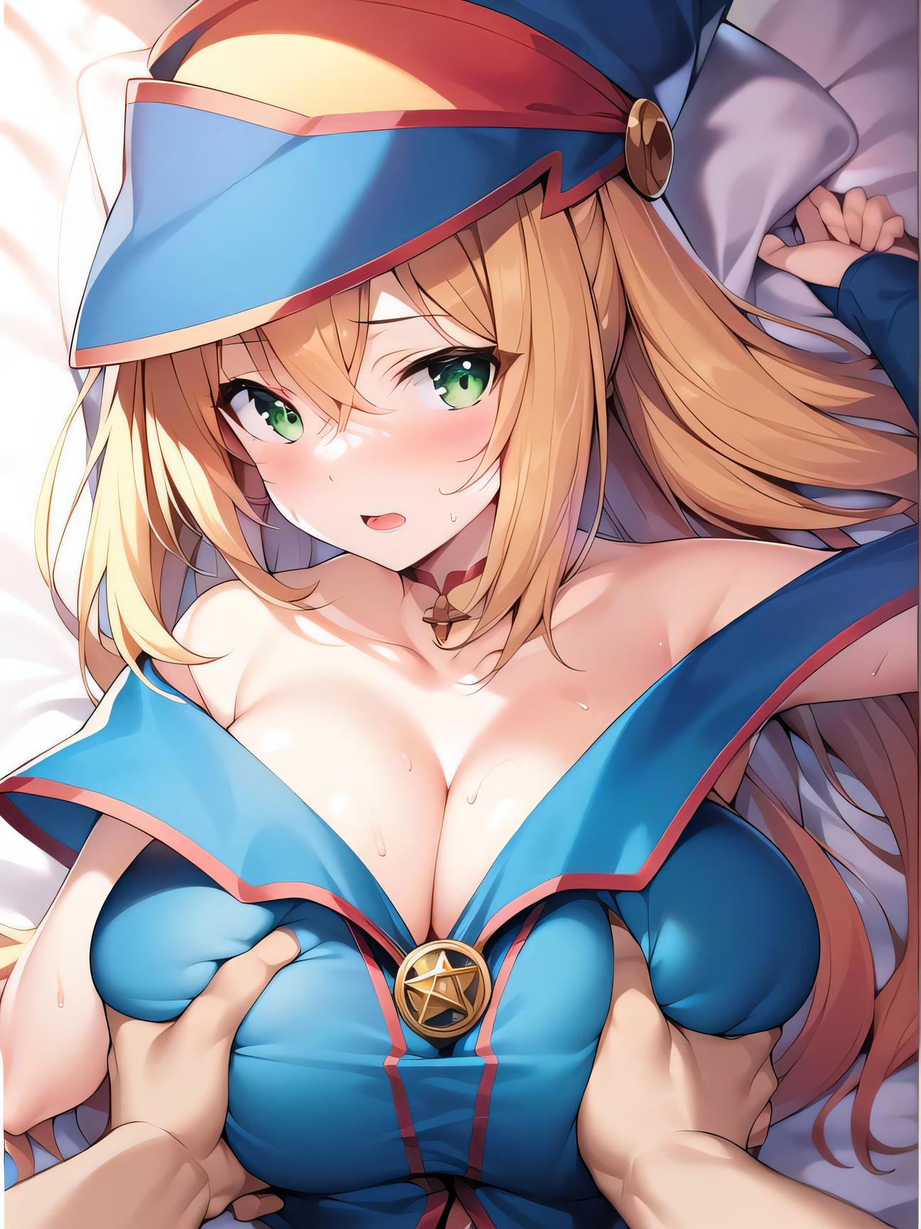 ai generated, blonde hair, breasts, dark magician girl, female, groping breasts, large breasts, yu-gi-oh!