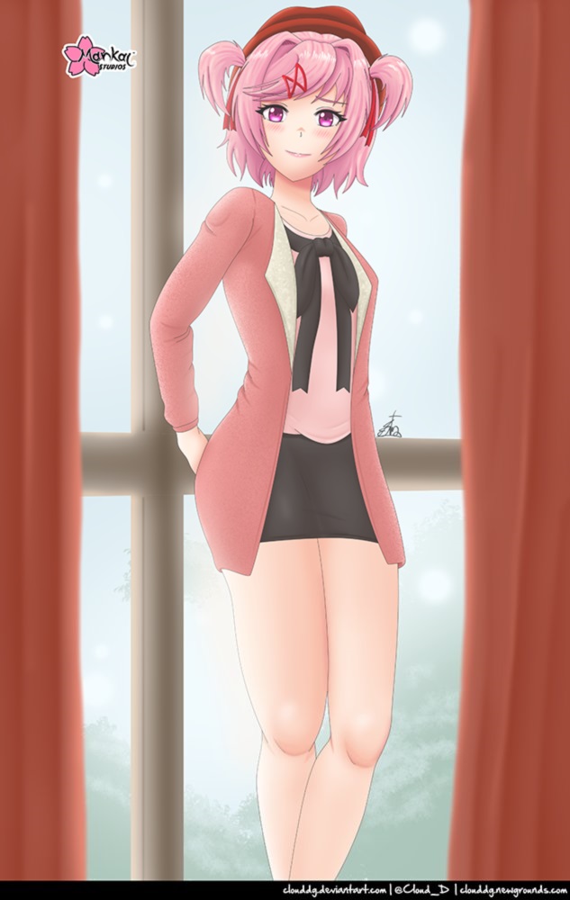 1girls clothed clothed_female clothing clouddg doki_doki_literature_club female_only natsuki_(doki_doki_literature_club) no_legwear pink_eyes pink_hair solo solo_female