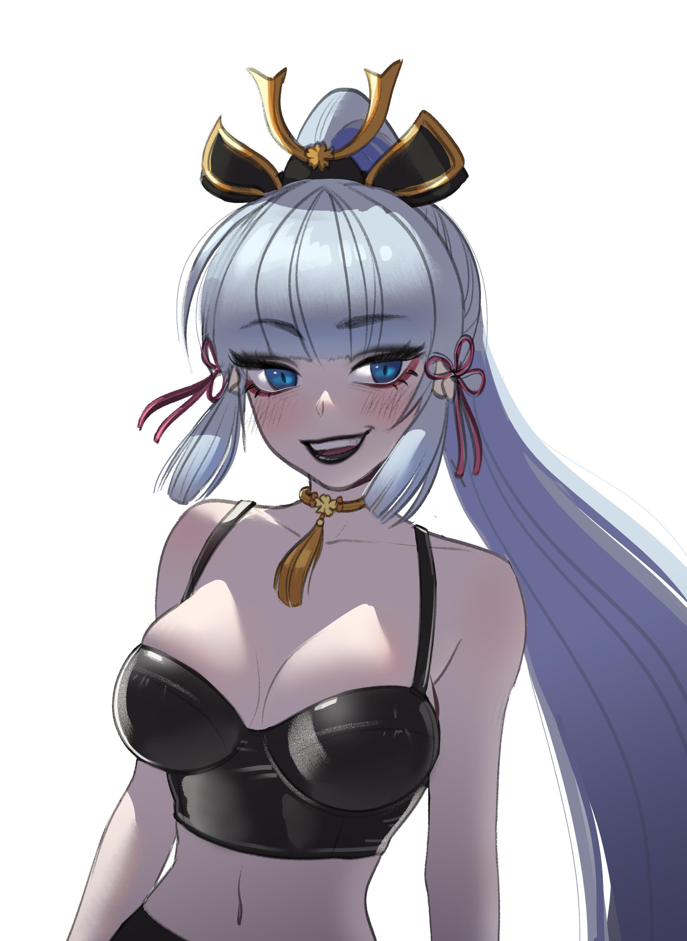 1girls, bangs, black bra, black lipstick, blue eyes, blunt bangs, blush, bra, breasts, choker, cleavage, clothing, eyebrows visible through hair, female, female only, genshin impact, goth, gothified, hair ornament, hair ribbon, kamisato ayaka, light skin, light-skinned female, lipstick, medium breasts, midriff, open smile, pale skin, pale-skinned female, ponytail, sidelocks, silver hair, smile, teenager, white background