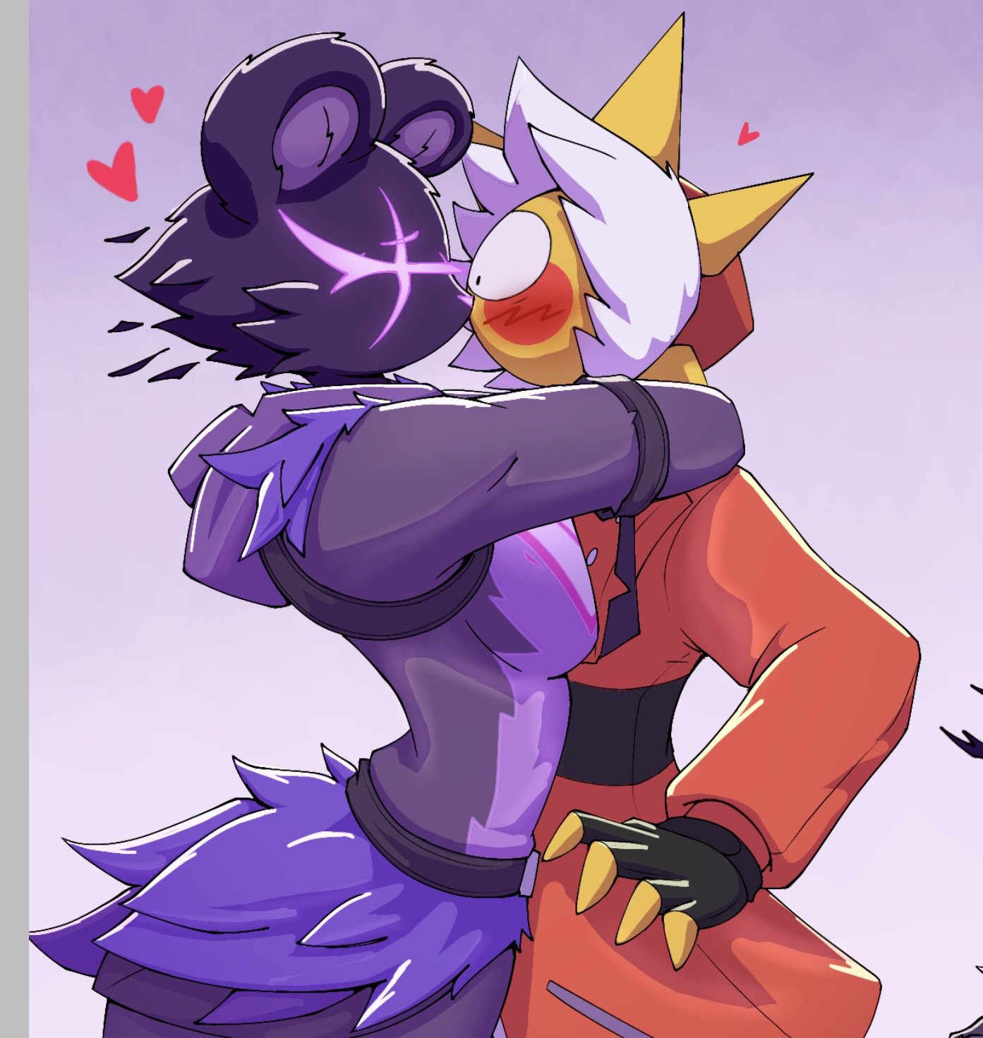 1boy, 1boy1girl, 1girls, arms around neck, arms wrapped around partner, arzyparzy, bear, female, fortnite, fortnite: battle royale, fur, furry female, kiss, kissing, kissing partner, male, male/female, raven team leader, sunspot (fortnite)