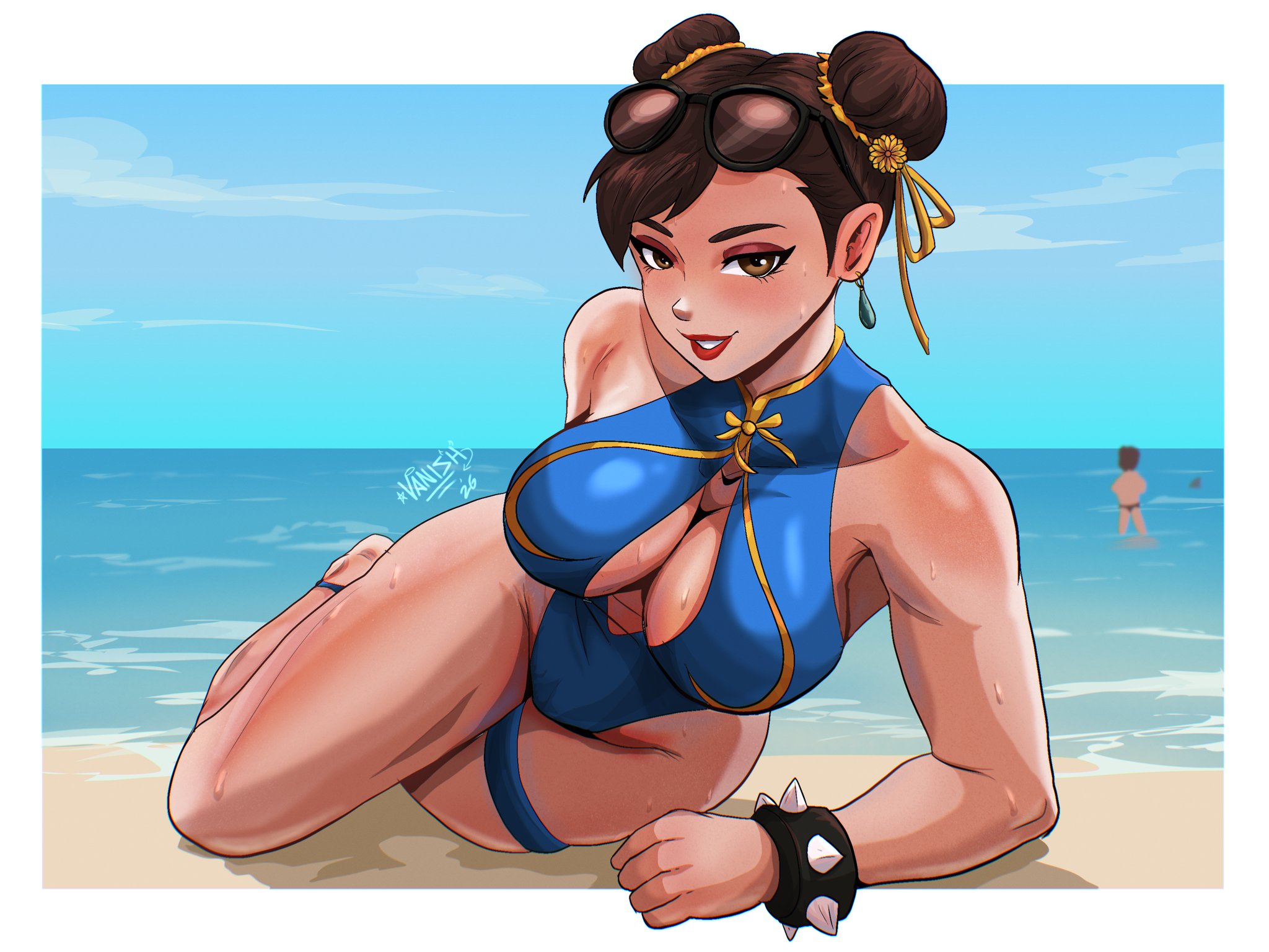 1girls, 1other, 2026, 2d, 2d (artwork), artist name, beach, big breasts, bikini, breasts, brown eyes, brown hair, buns, capcom, chun-li, cleavage, clothing, curvaceous, curvaceous female, curvaceous figure, curvy, curvy figure, curvy hips, double bun, female, female focus, female only, human, human only, large breasts, looking at viewer, pinup, questionable, short hair, smile, smiling at viewer, street fighter, street fighter 6, sunglasses, swimsuit, vanish (artist), white border